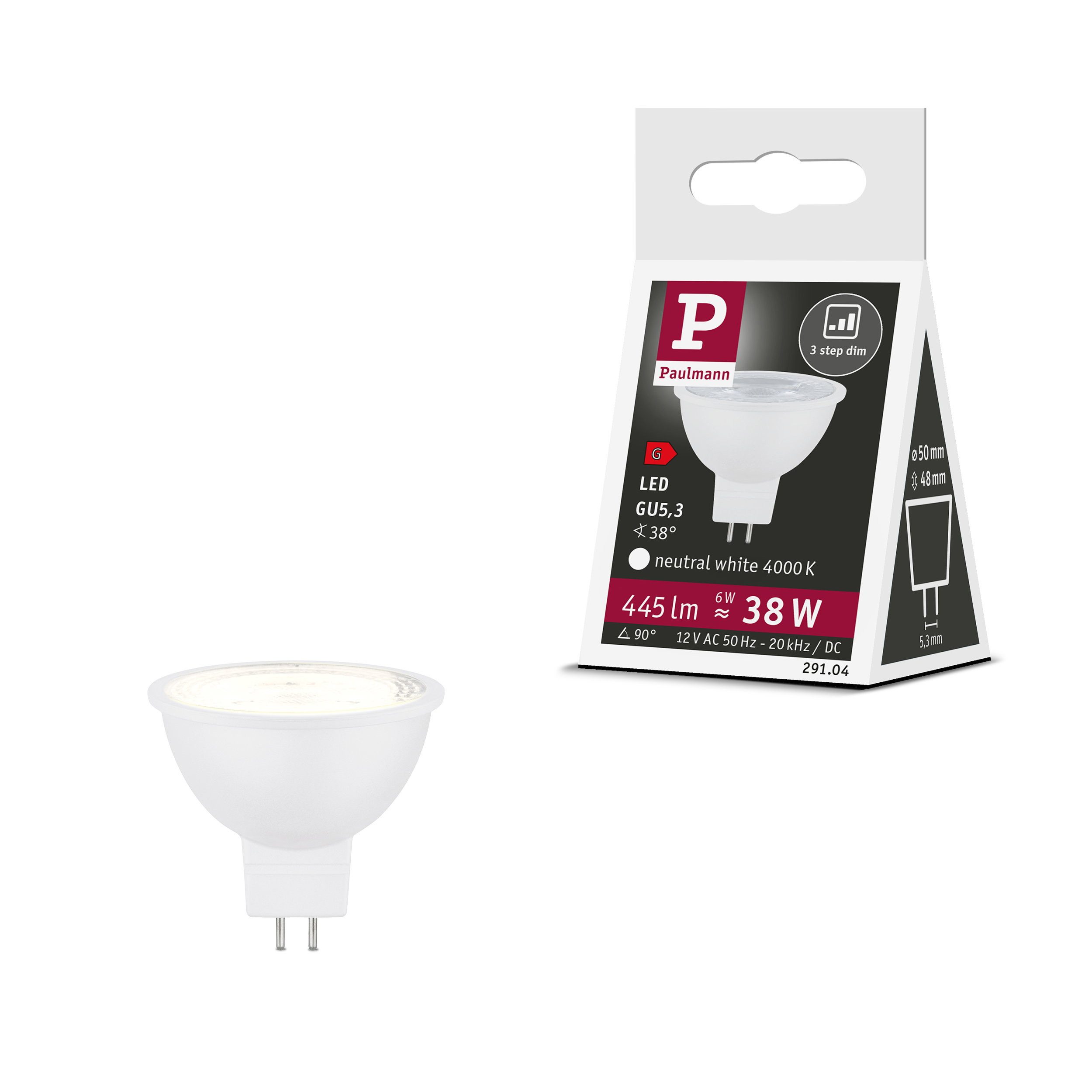 Paulmann LED-Leuchtmittel Standard 12V 3-Step-Dim LED Reflektor GU5,3 445lm 6W 4000K dimmbar Wei, GU5,3, 1 St.
