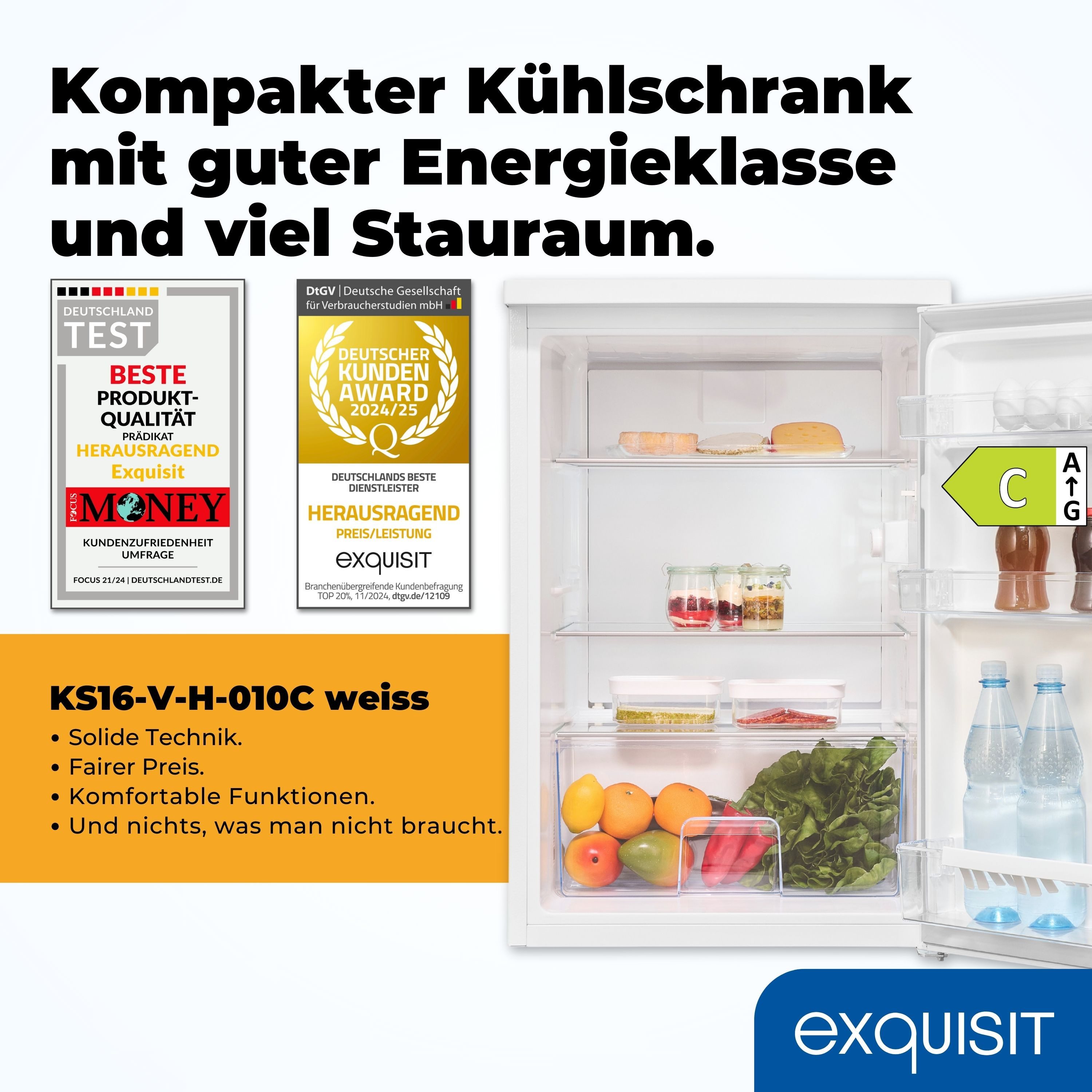exquisit Kühlschrank KS16-V-H-010C weiss, 84,5 cm hoch, 56 cm breit, Sparsam, leise & praktisch: 133 L Mini-Kühlschrank für 1–2 Personen