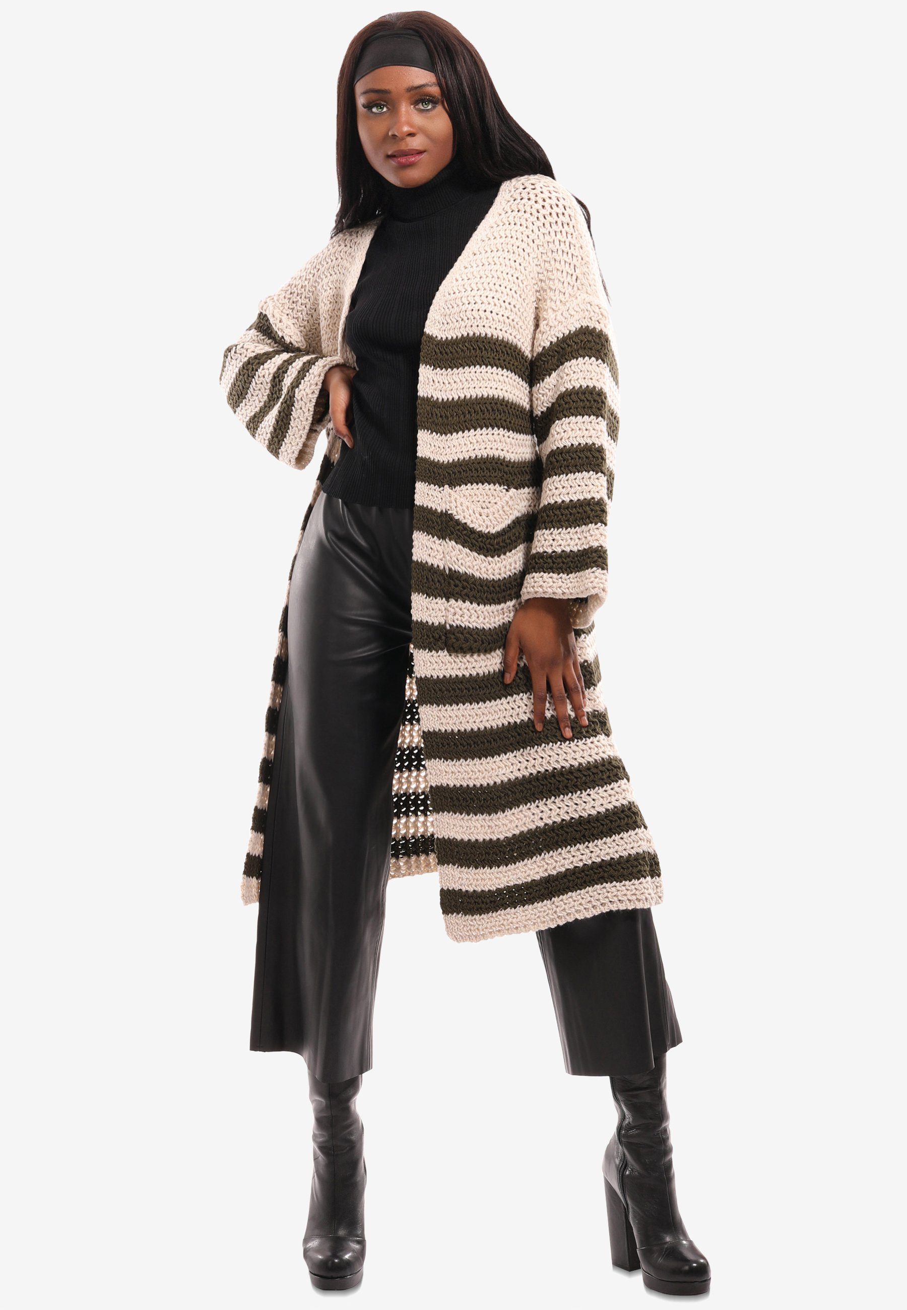 Style "Striped Unifarbe (1-tlg) & Comfort" khaki in Fashion YC XXL-Einschubtaschen Cardigan mit