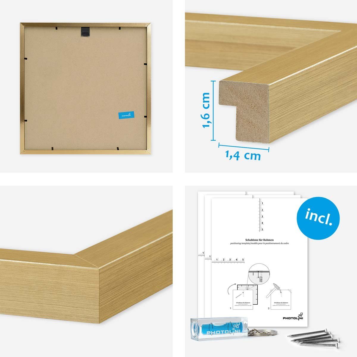 PHOTOLINI Bilderrahmen Sets quadratisch 30x30 cm aus MDF Holz mit Acrylglas & Zubehör, für 4 Bilder (4er Set), 4er Set Gold mit Passepartouts für Bilder in 20x2 – Bild 3 von 5