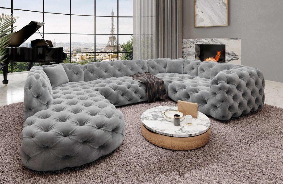 Sofa Dreams Wohnlandschaft Stoff Sofa Design Couch Lanzarote U Form Stoffsofa, Couch im Chesterfield Stil hellgrau84