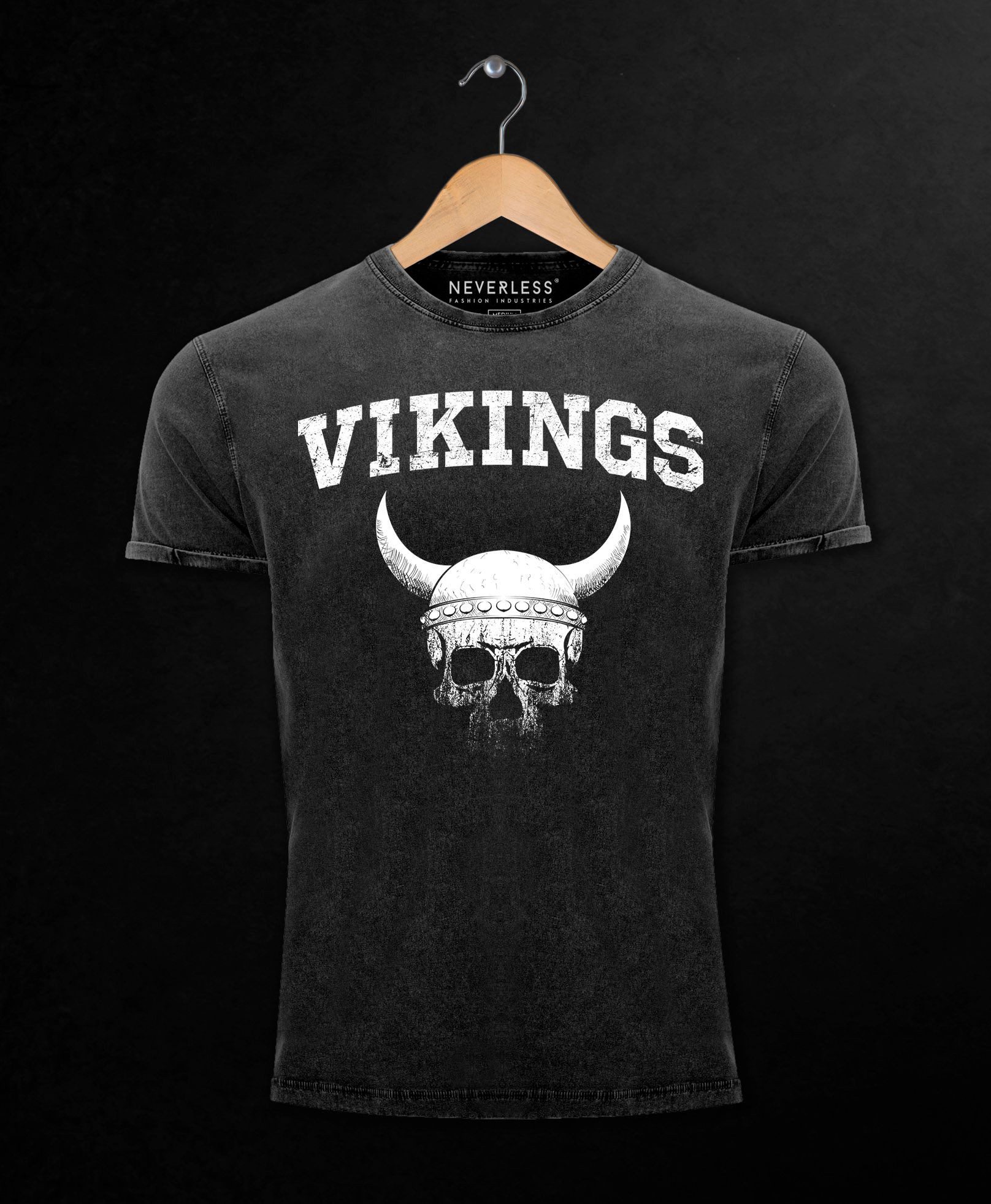 Neverless Print-Shirt Herren Vintage Shirt Wikinger-Helm Skull Totenkopf Printshirt T-Shirt mit Print