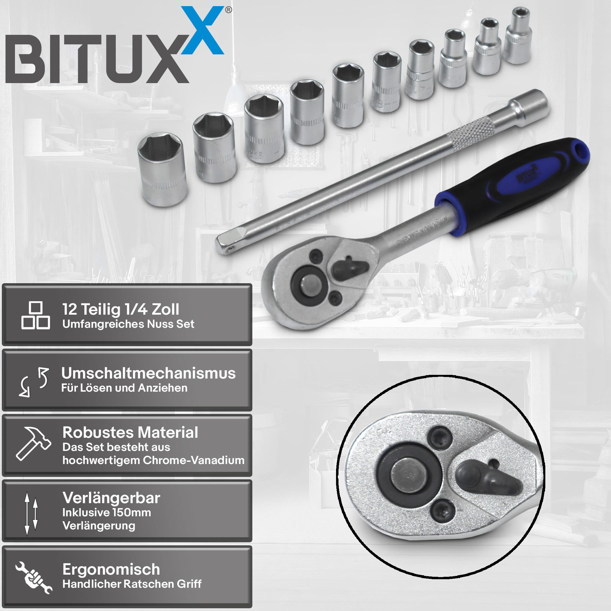 Bituxx Werkzeugset Bituxx Ratschen Set 1/4 Zoll 12 tlg., (MS-19501)