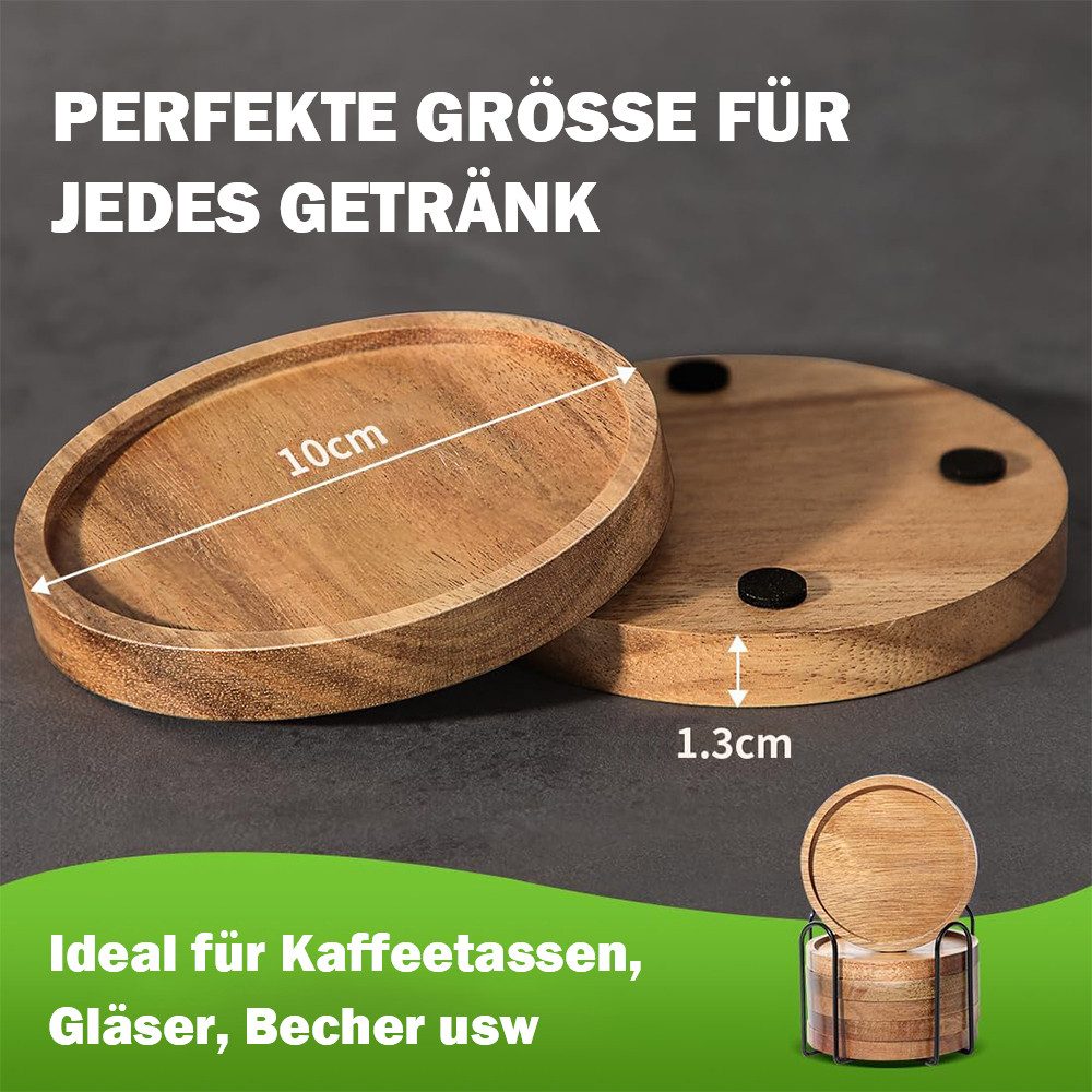 AFKSMILE Getränkeuntersetzer 6 Stück Akazienholz Untersetzer, Untersetzer Holz Rund für Gläser, 6-tlg., Getränke Tassenuntersetzer mit Halter Holzuntersetzer Gl – Bild 4 von 5