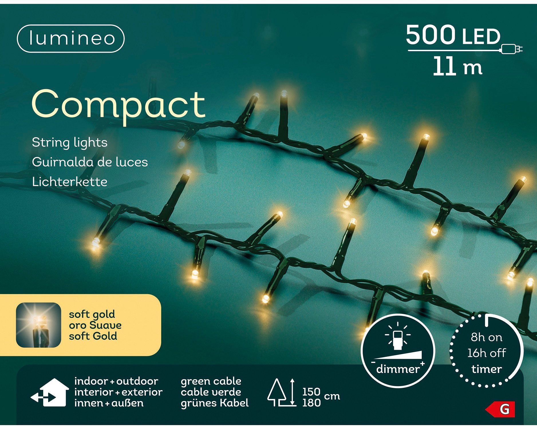 Lumineo LED-Lichterkette Lumineo Lichterkette COMPACT 500 LED 11 m, Soft Gold, grünes Kabel, Indoor/Outdoor, dimmbar, 8h-Timer, 5 m Zuleitung