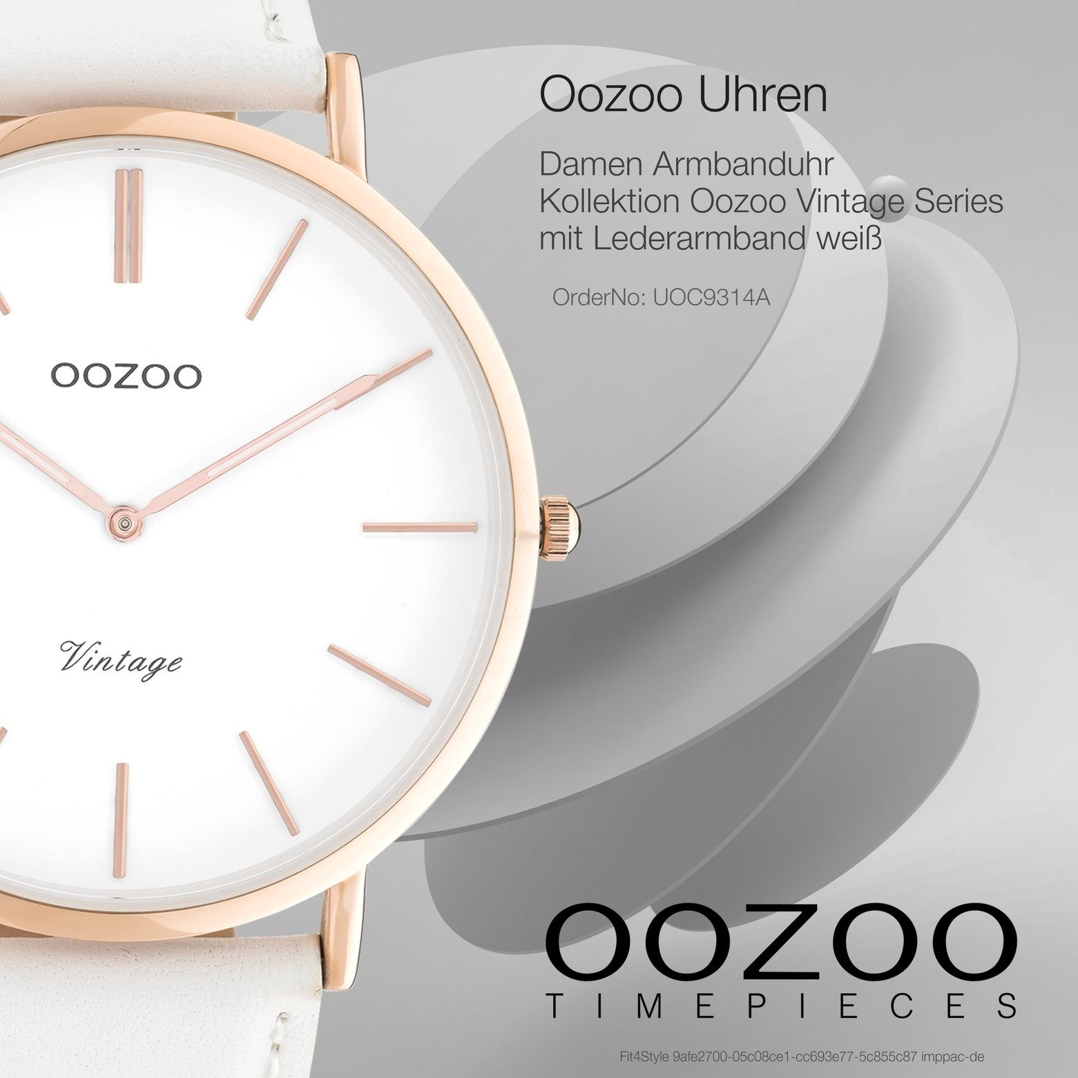OOZOO Quarzuhr Oozoo Damen Armbanduhr 44mm), Damenuhr weiß, Vintage, groß Lederarmband (ca. Fashion rund