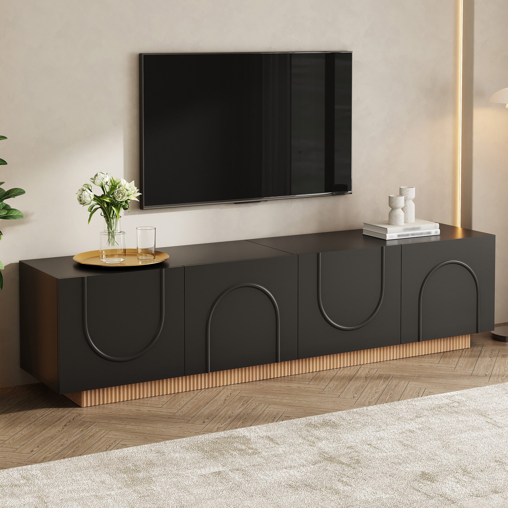 Odikalo TV-Schrank Lowboard Fernsehschrank TV Board mit Stauraum Bogenfront Schrank (170L x 38B x 42H(cm)TV-Schrank,Modernes TV Lowboard Wohnzimmer Fernsehtisch mit Türen Modernes Design Sideboard mit Stauraum Bogenfront Schrank)