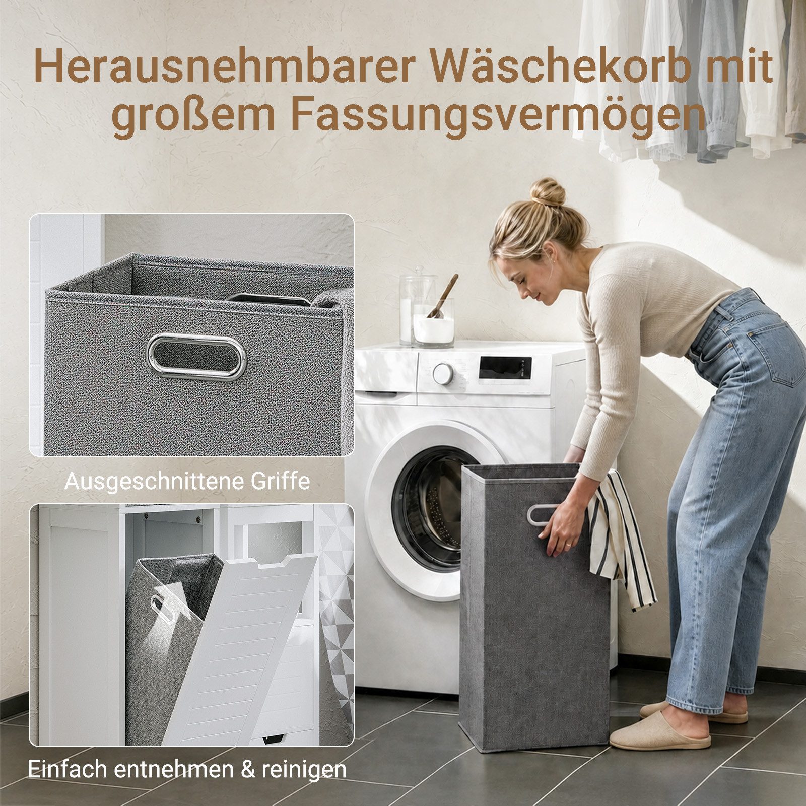 SoBuy Hochschrank BZR123, Badezimmerschrank mit Wäschekorb, Wäscheschrank, 30x30 cm Badregal Badkommode, Platzsparend für kleine Bäder und Gäste-WC, Weiß – Bild 5 von 5