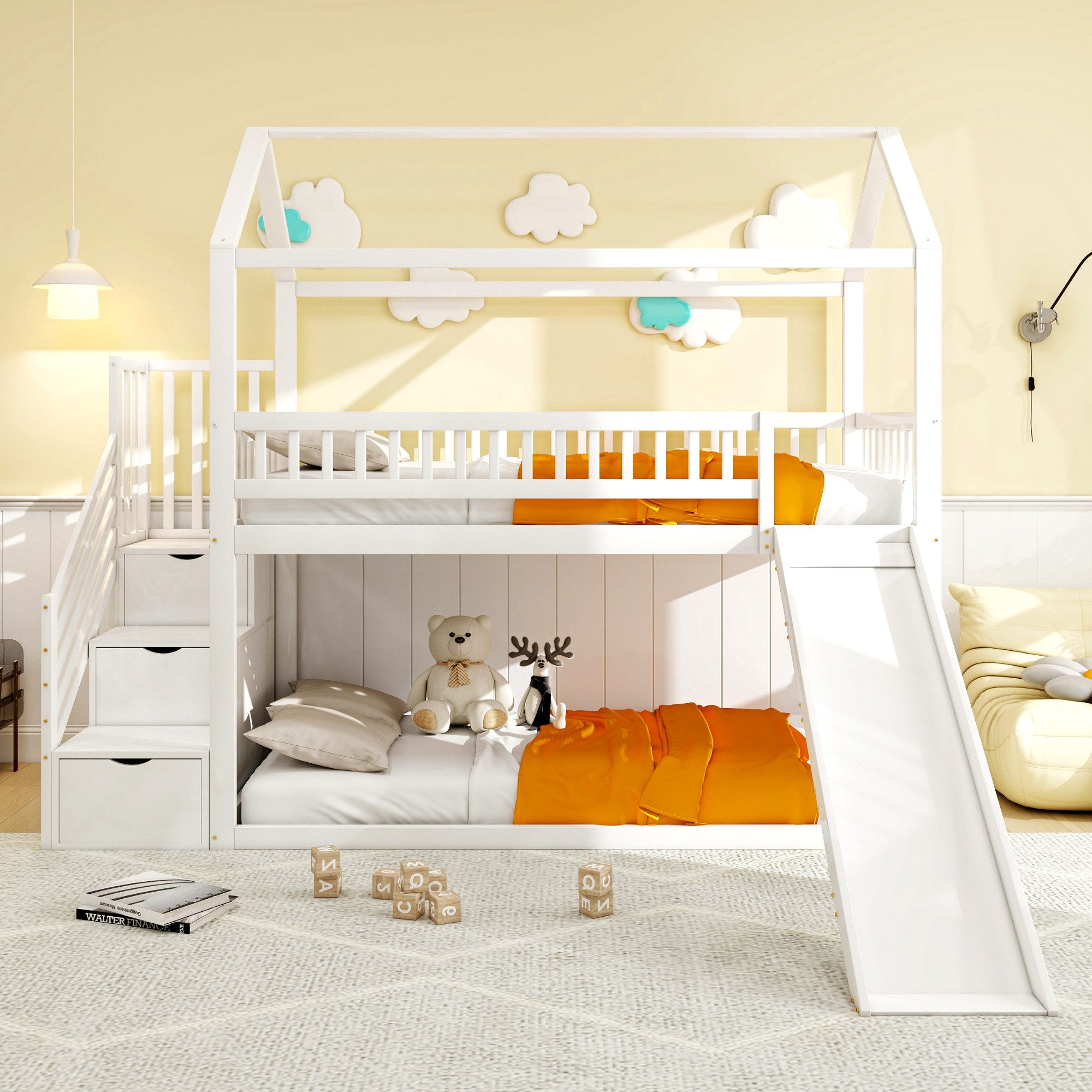 Flieks Hochbett Etagenbett 90x200cm mit oberem Lattenrost, Rutsche und Stau günstig online kaufen