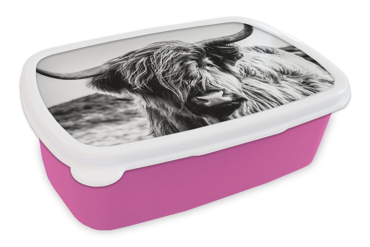 Kunststoff -, - - Snackbox, Schottischer Erwachsene, Kuh Weiß (2-tlg), Schwarz Kunststoff, Hochländer Natur MuchoWow Mädchen, Kinder, Lunchbox Tier Brotdose - für - - Brotbox rosa