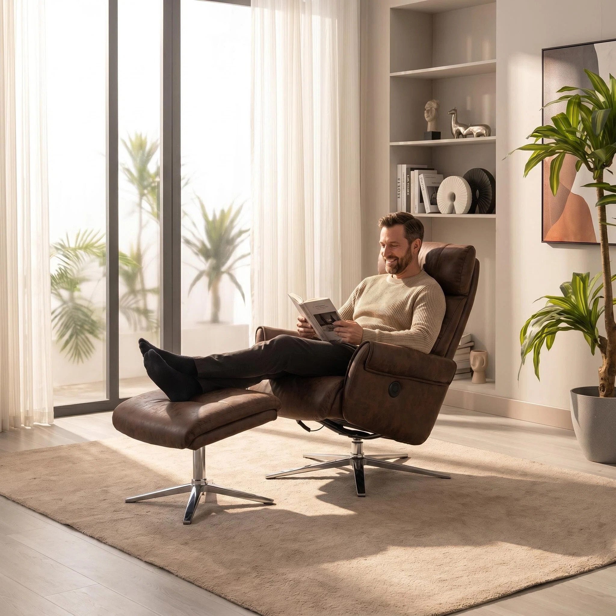 Happy Home Relaxsessel Elektrischer Relaxsessel mit Hocker – USB, 360° drehbar, Kunstleder