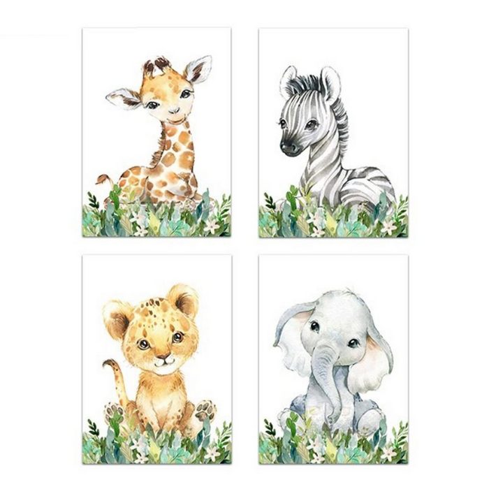 TPFLiving Kunstdruck (OHNE RAHMEN) Poster - Leinwand - Wandbild Giraffe Löwenbaby Elefant und Zebra für Kinderzimmer - (Mädchenzimmer Babyzimmer Jungenzimmer Kindergarten) Farben: Leinwand bunt - Größe: 20x25cm