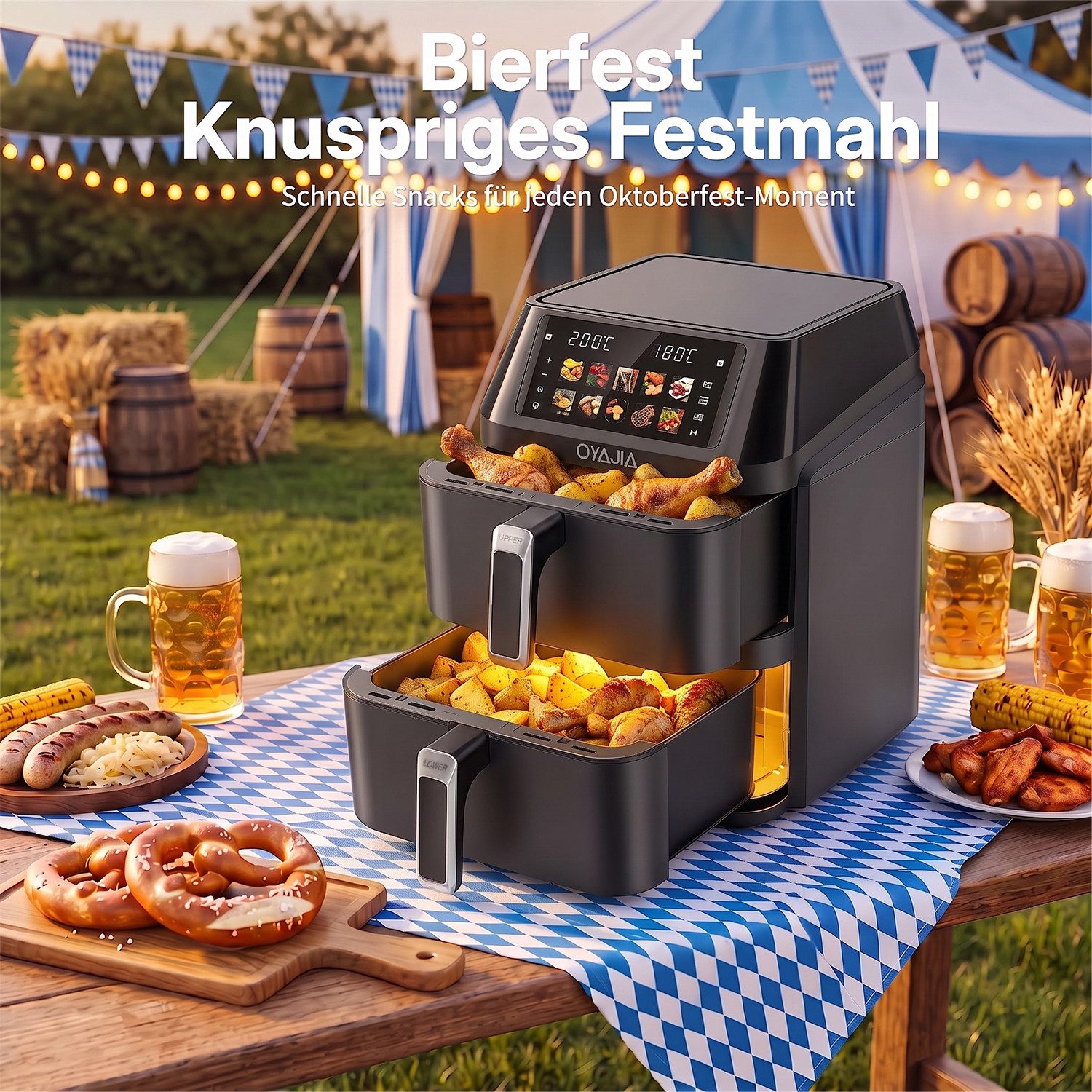 oyajia Heißluftfritteuse Airfryer XXL Dual Zone, 2 vertikale Schubladen, 10 Kochfunktionen, 2600,00 W, Heißluftfritteuse, 32% platzsparender, Sync und Match-Fun – Bild 2 von 5