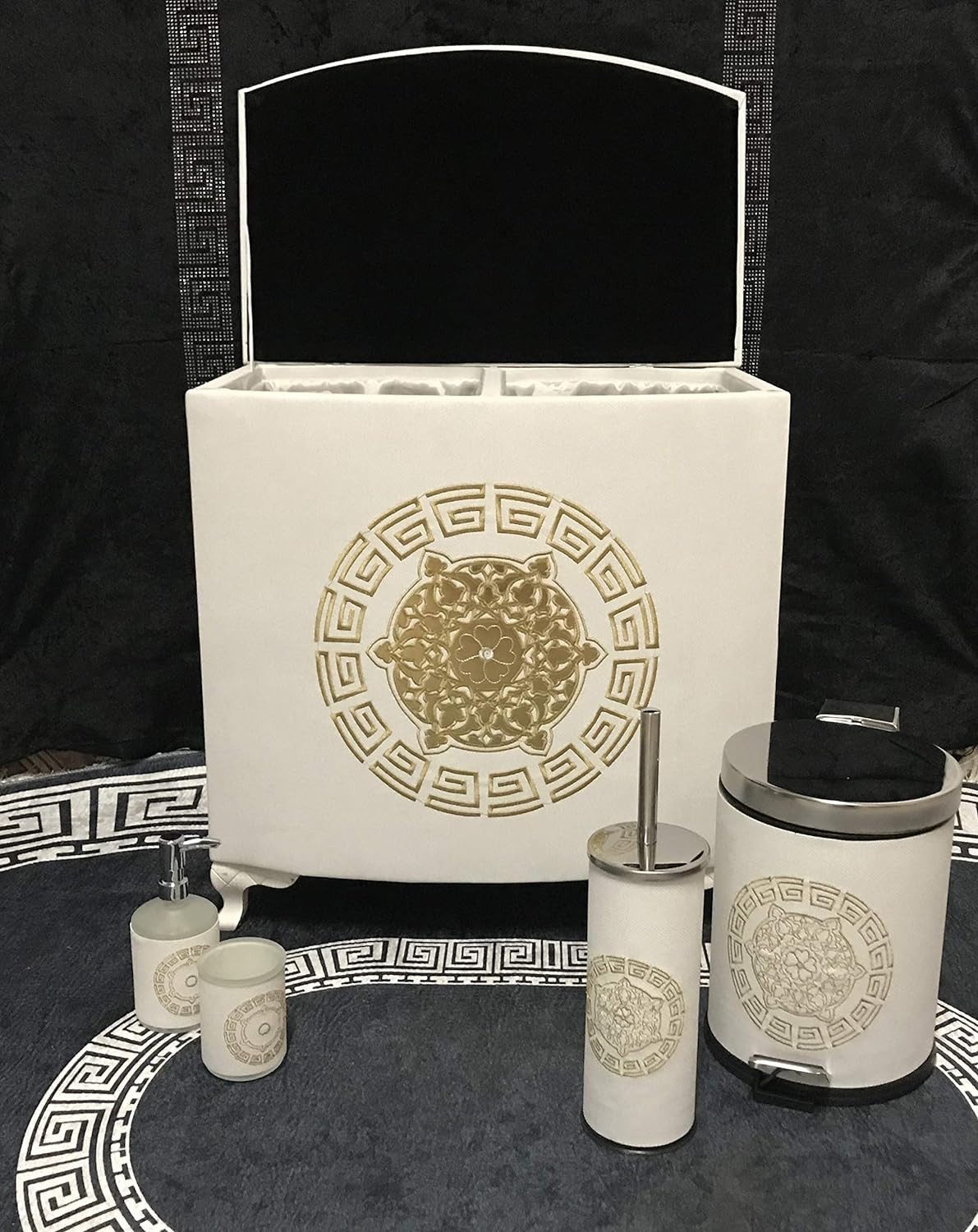 Cinar Wäschekorb Badezimmergarnitur Mäander Badezimmer Set sehr Edel. 5 Tei günstig online kaufen