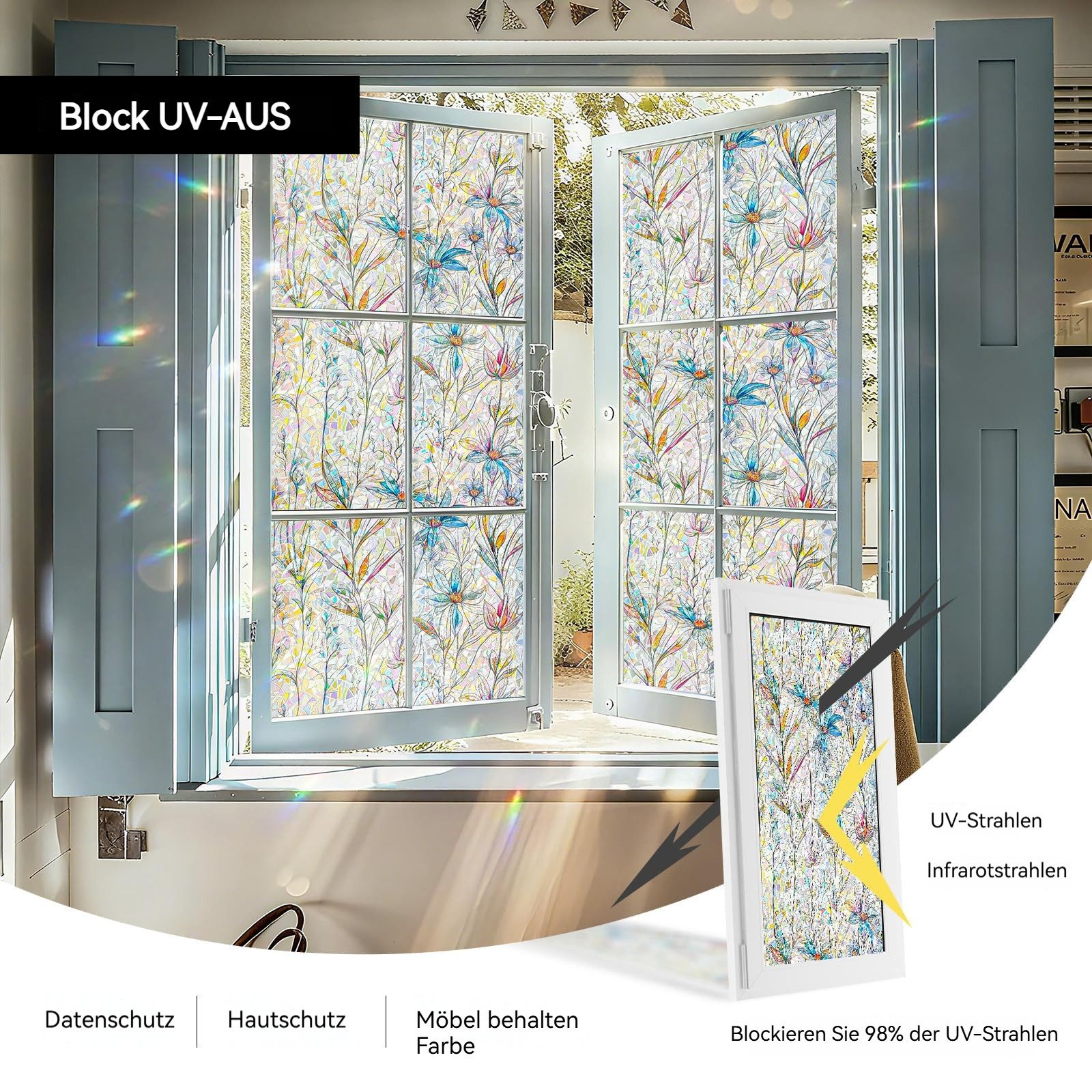 Diwzbyn Sonnenschutz-Fensterfolie Selbstklebend Statische Folie, Bunt Blickdichte Sichtschutzfolie, Bunte Blumen-Fensteraufkleber, Anti-UV Regenbogen Optik – Bild 5 von 5