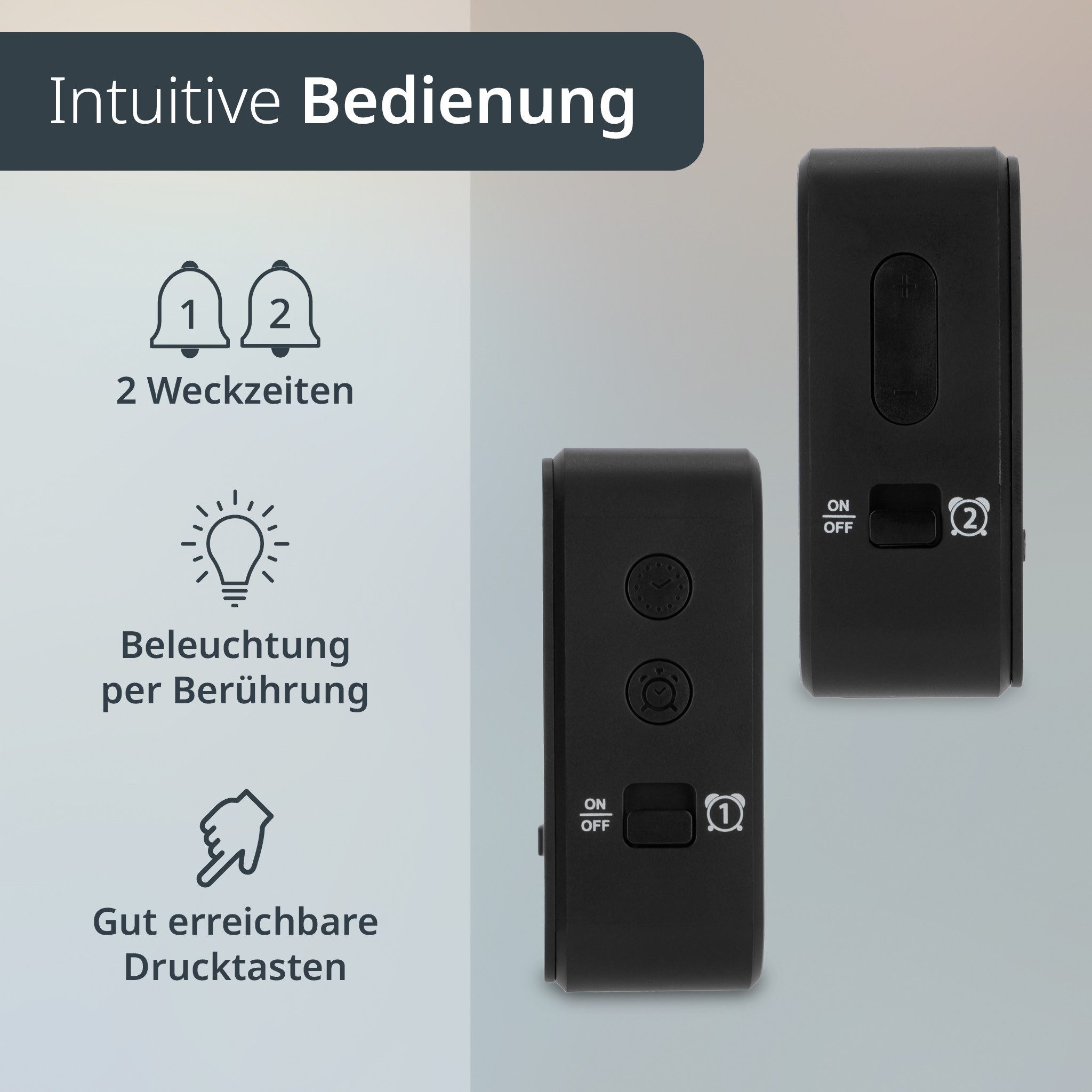 ADE Funkwecker Wecker digital funk mit Temperatur und Luftfeuchtigkeit Wecker mit Licht, 2 Weckzeiten & Schlummerfunktion, inkl. Batterien – Bild 5 von 5