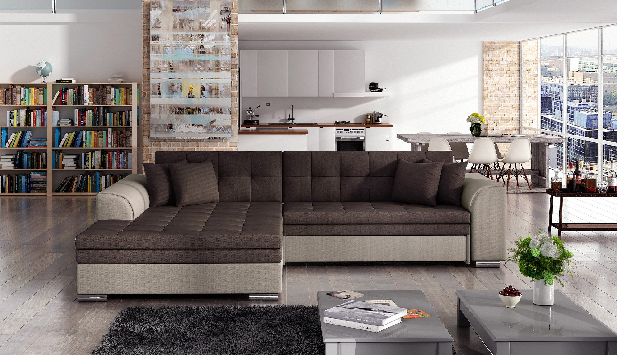 MF Design Ecksofa Ecksofa mit Schlaffunktion in Webstoff, Dolphin / false / Ja