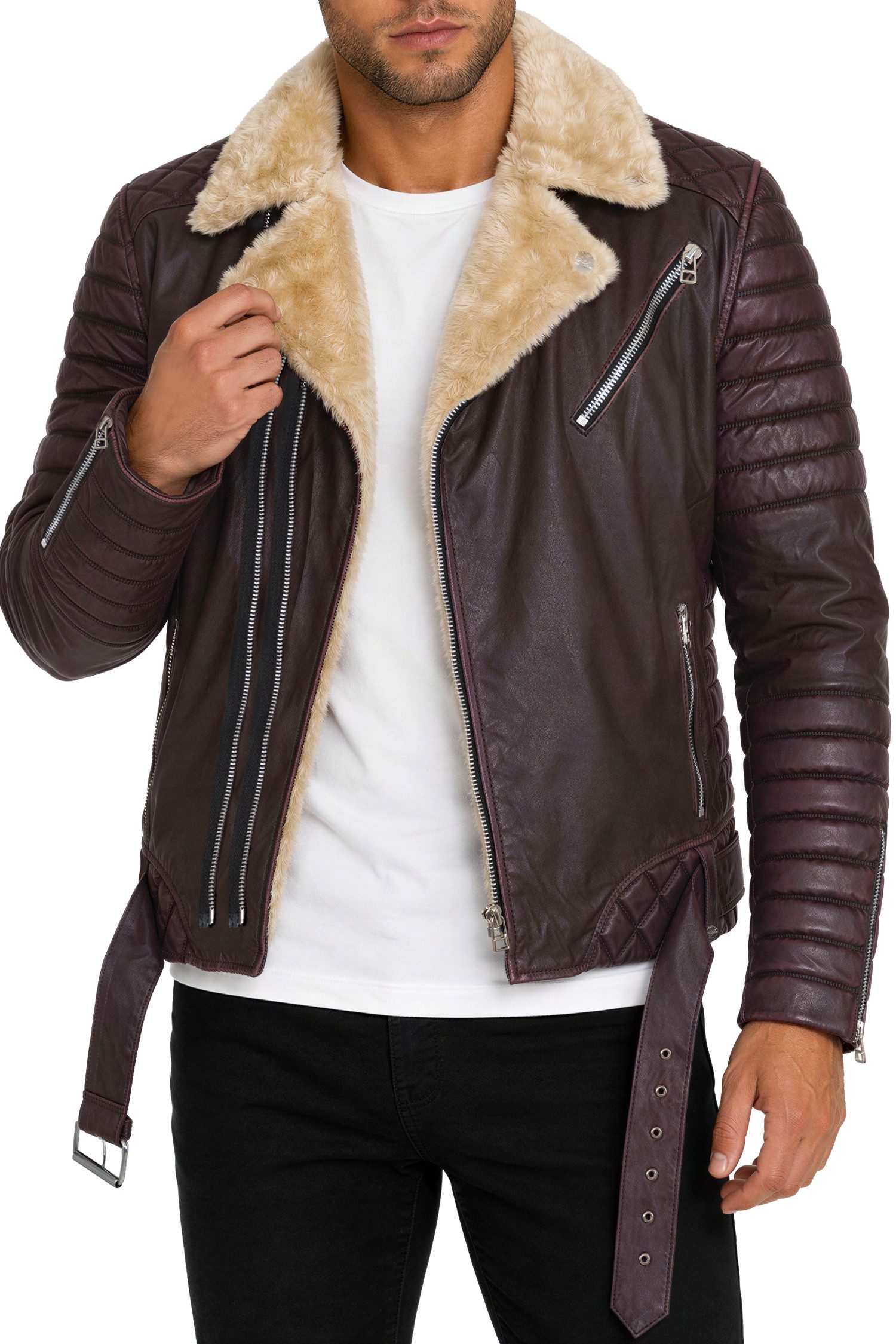 Reichstadt Bikerjacke Herren Slim Fit Kunstleder RS008PU Kunstfell-Innenfutter, abnehmbarer Gürtel, fünf Taschen