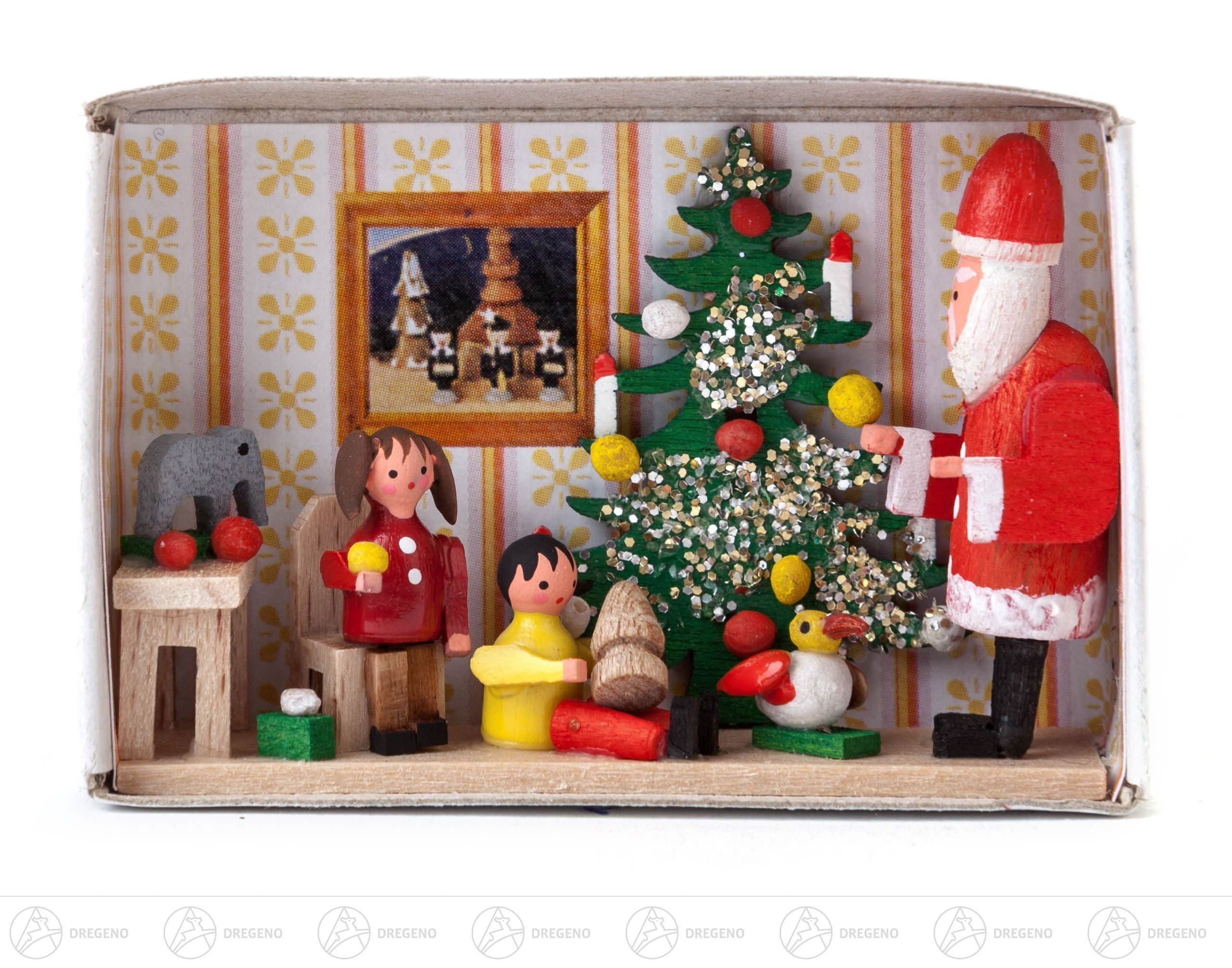Dregeno Erzgebirge Weihnachtsfigur Miniatur Zündholzschachtel Kinderweihnachtsfeier Breite x Höhe ca