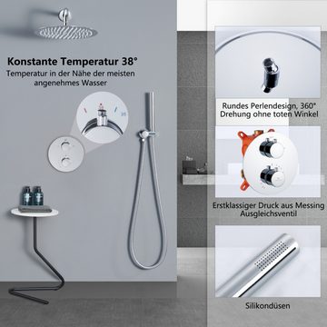HOMELODY Duschsystem Dusche mit Handbrause und Kopfbrause, 38 °C Thermostat, 2 Strahlart(en), Regendusche 12-Zoll runde Kopfbrause,Chrom,Messing