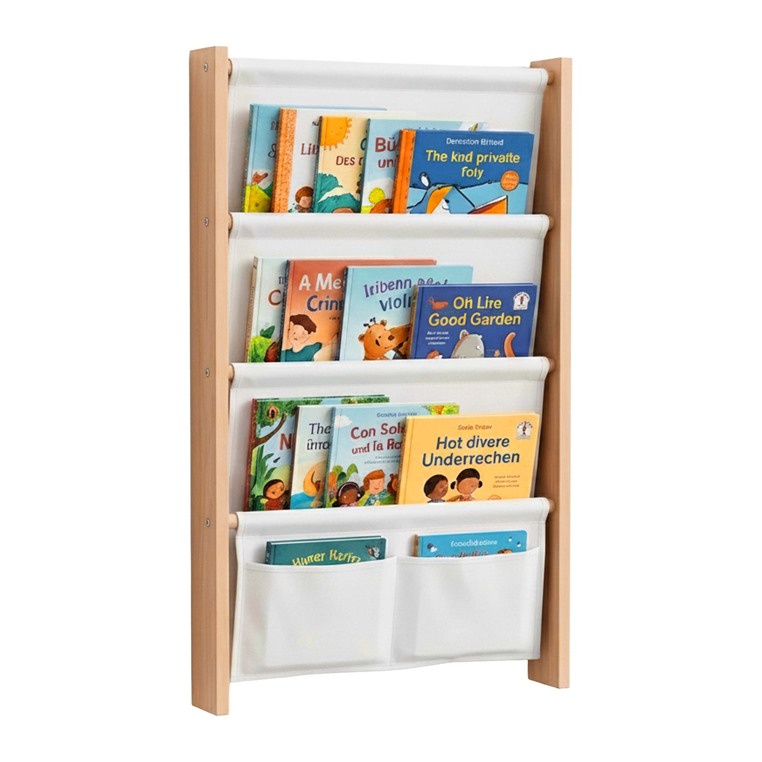 relaxdays Kinderregal Bücherregal Kinder mit Stofftaschen Wand, 4