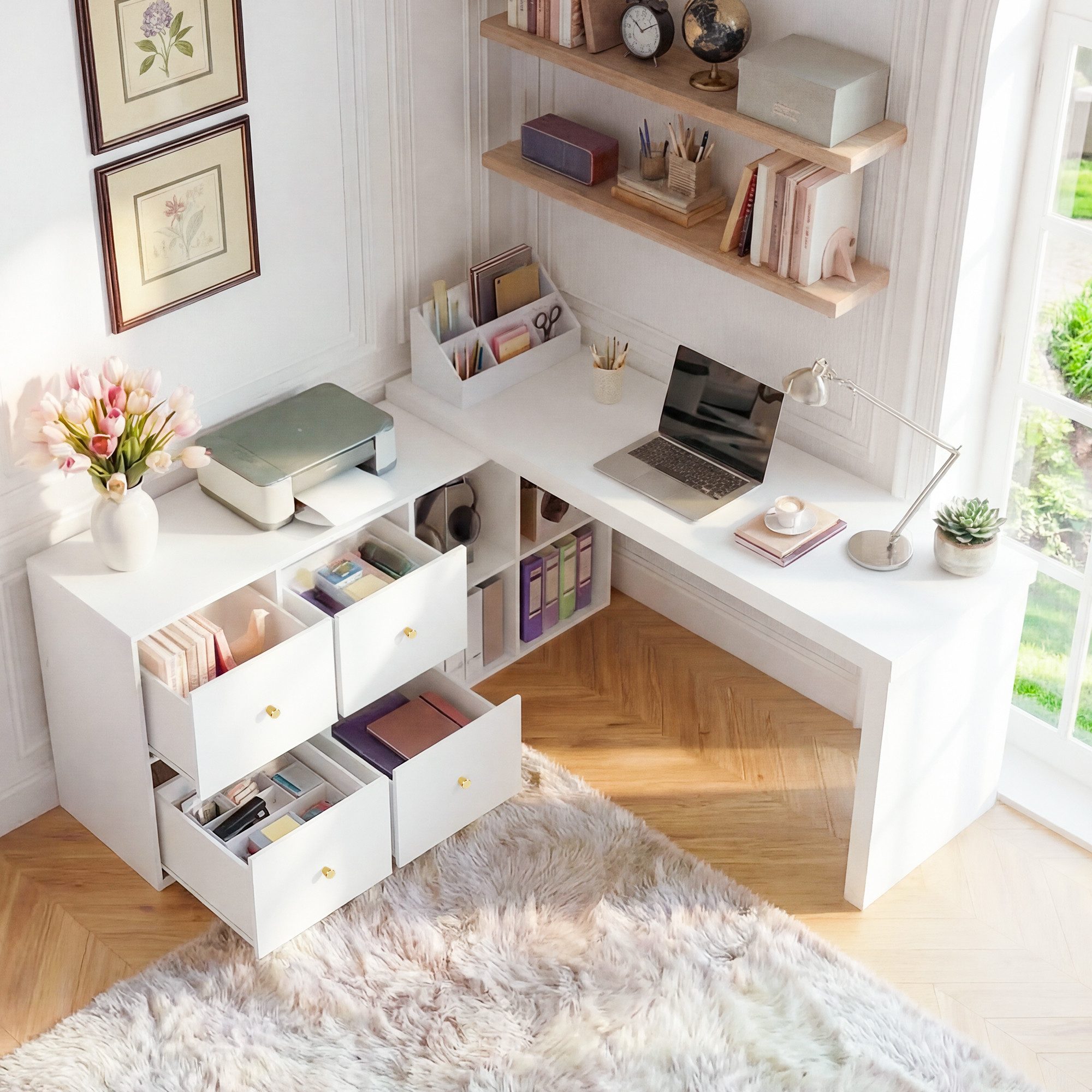 Flieks Schreibtisch 360° drehbar Bürotisch mit 4 Schubladen und 4 Fächern (Tischlänge 120xT48xH78 cm/Schranklänge 140xT35 cm, 2-St., 1 Tisch schwenkbar), Computertisch Eckschreibtisch L-förmiger Arbeitstisch mit Kommode weiß