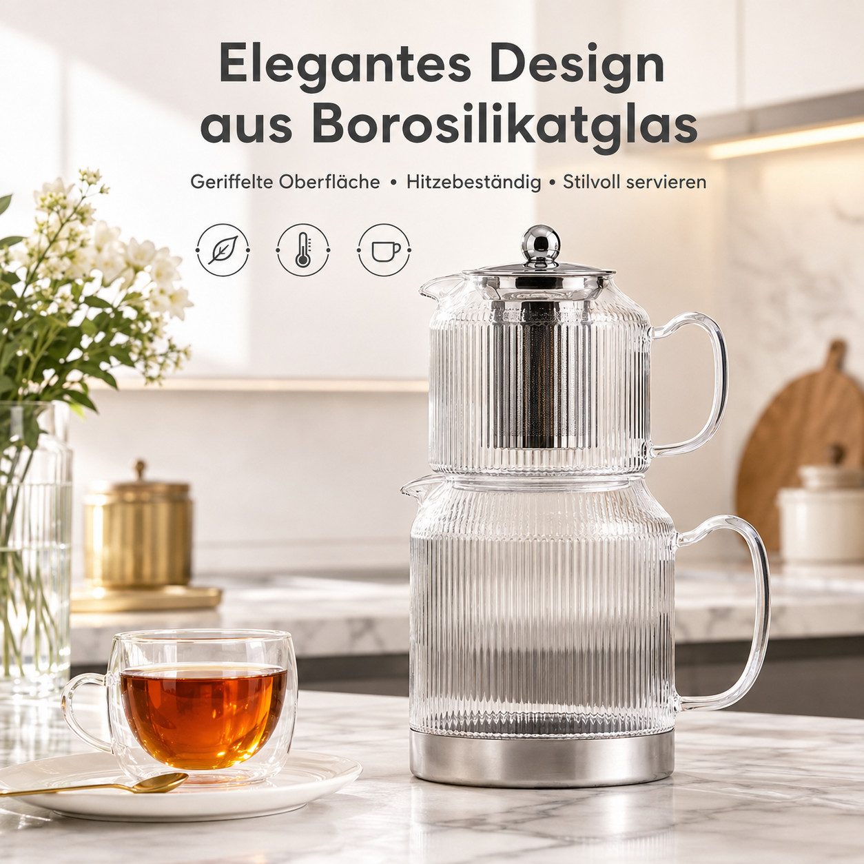 Ertex Caydanlik-Teekanne Teekanne Caydanlik Borosilikat Glas-Teekannen-Set, 3L/2,5L Induktion