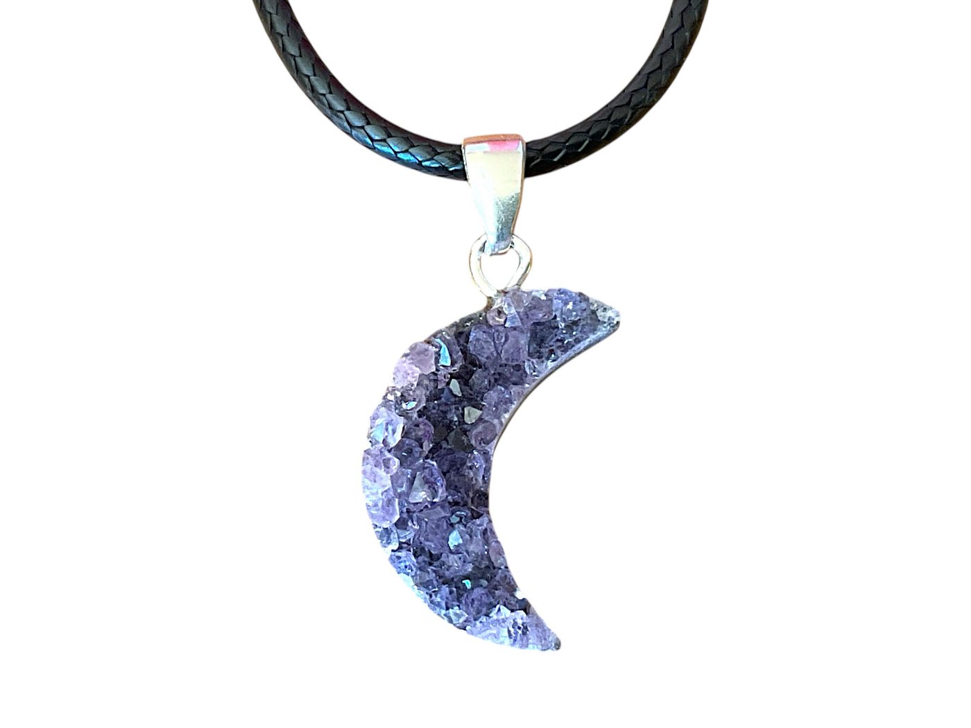 Steinfixx® Kristallanhänger Amethyst Kristallcluster - 925 Silber - Halbmond - Luna (50cm Kordellkette, 1-tlg., incl. Geschenkverpackung und Edelsteinkarte), AAA-Qualität aus Brasilien