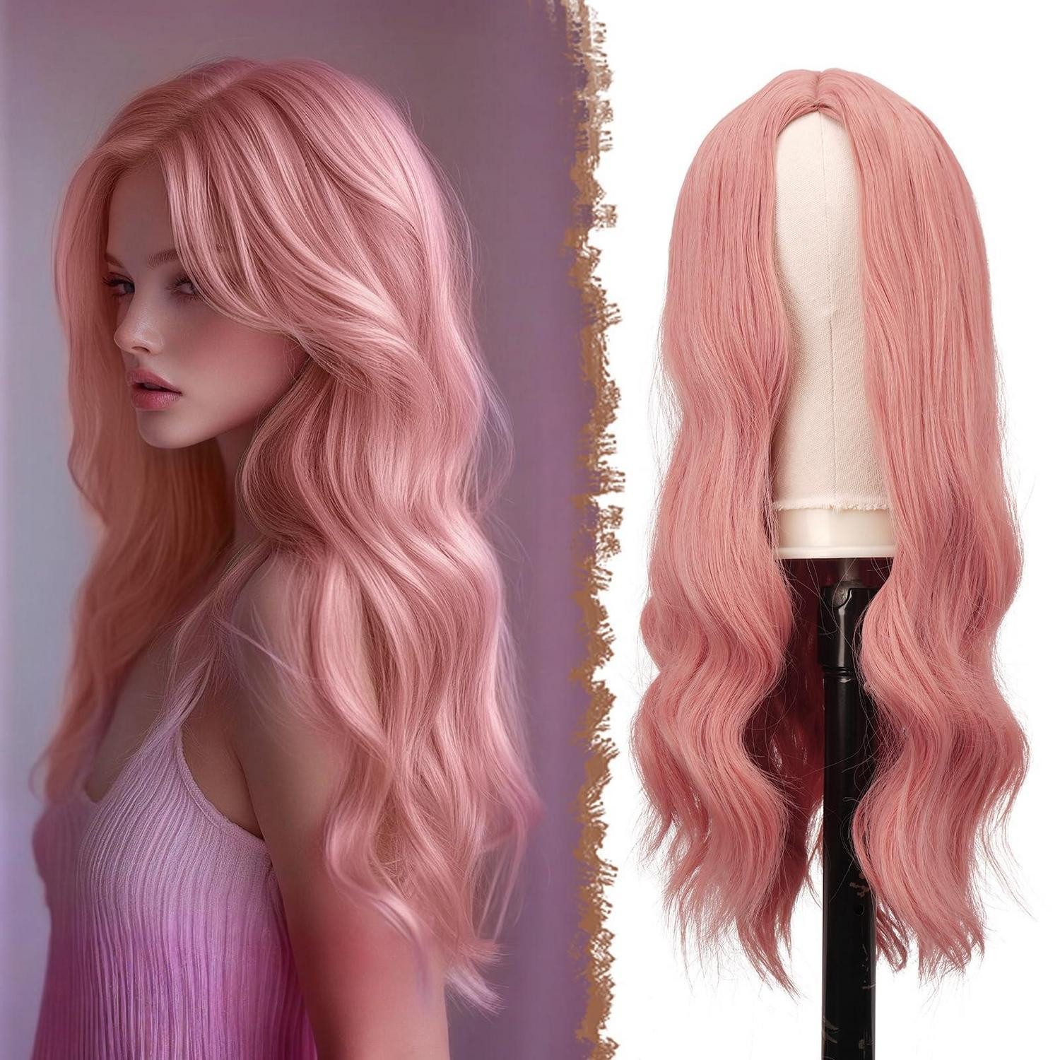 LuxusKollektion Kunsthaarperücke Perücke Locken Mittelscheitel Frauen synthetisch Party Rosa 60 cm