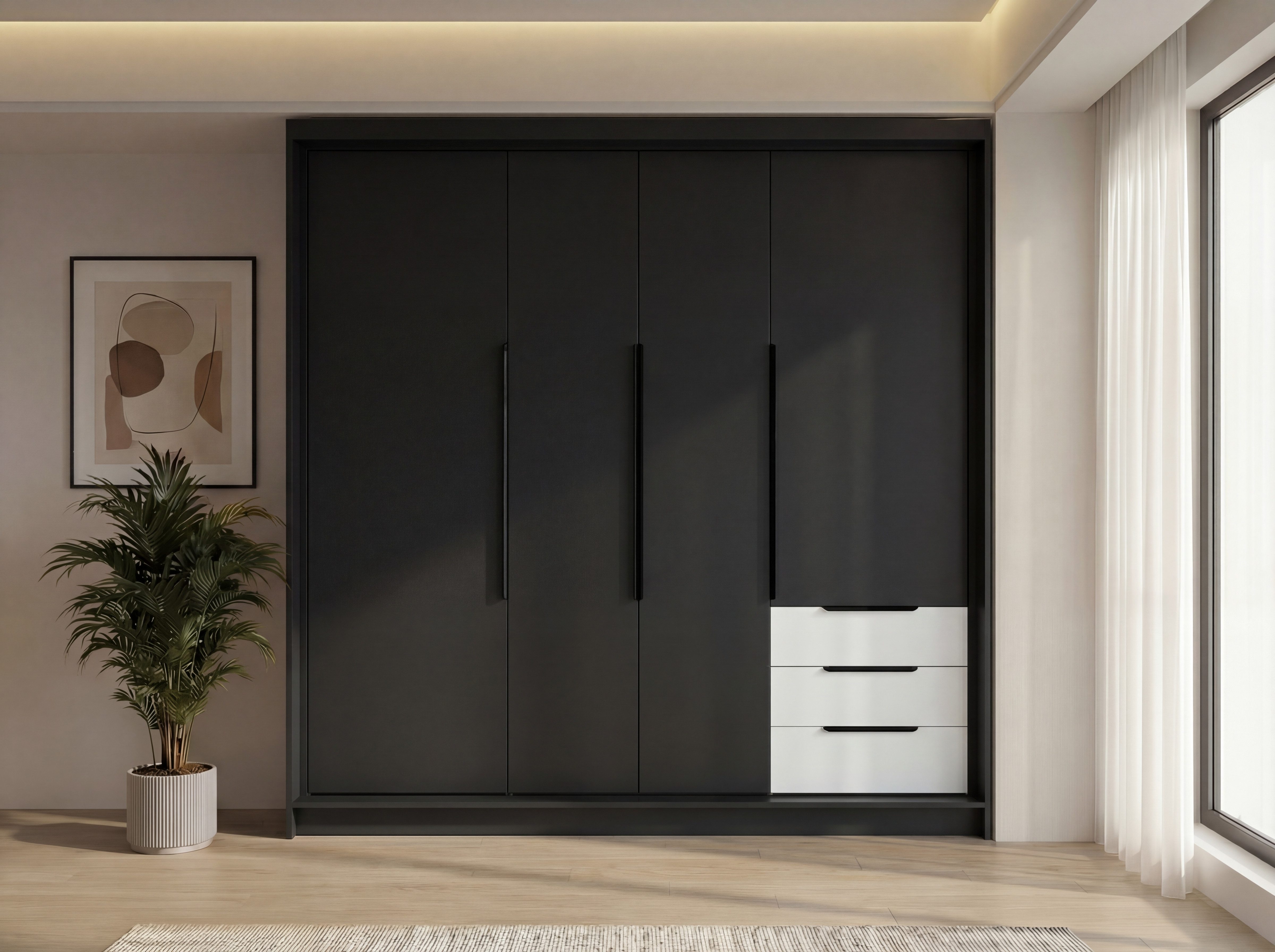 A&J MöbelLand GmbH Drehtürenschrank viertüriger Kleiderschrank mit Schubladen und Metallgriffen. (Geräumiger vier¬türiger Kleiderschrank mit Schubladen und Metallgriffen. Geräumiger Schrank mit einer Breite von 200 cm und Schubladen, ideal zur Aufbewahrung von Kleidung und Accessoires. Viel Stauraum. TOP PRODUKT! Wählen Sie das ideale Modell für Ihr Schlafzimmer!, TOP ANGEBOT) Breite: 200 cm, Höhe: 215 cm, Tiefe: 59,5 cm