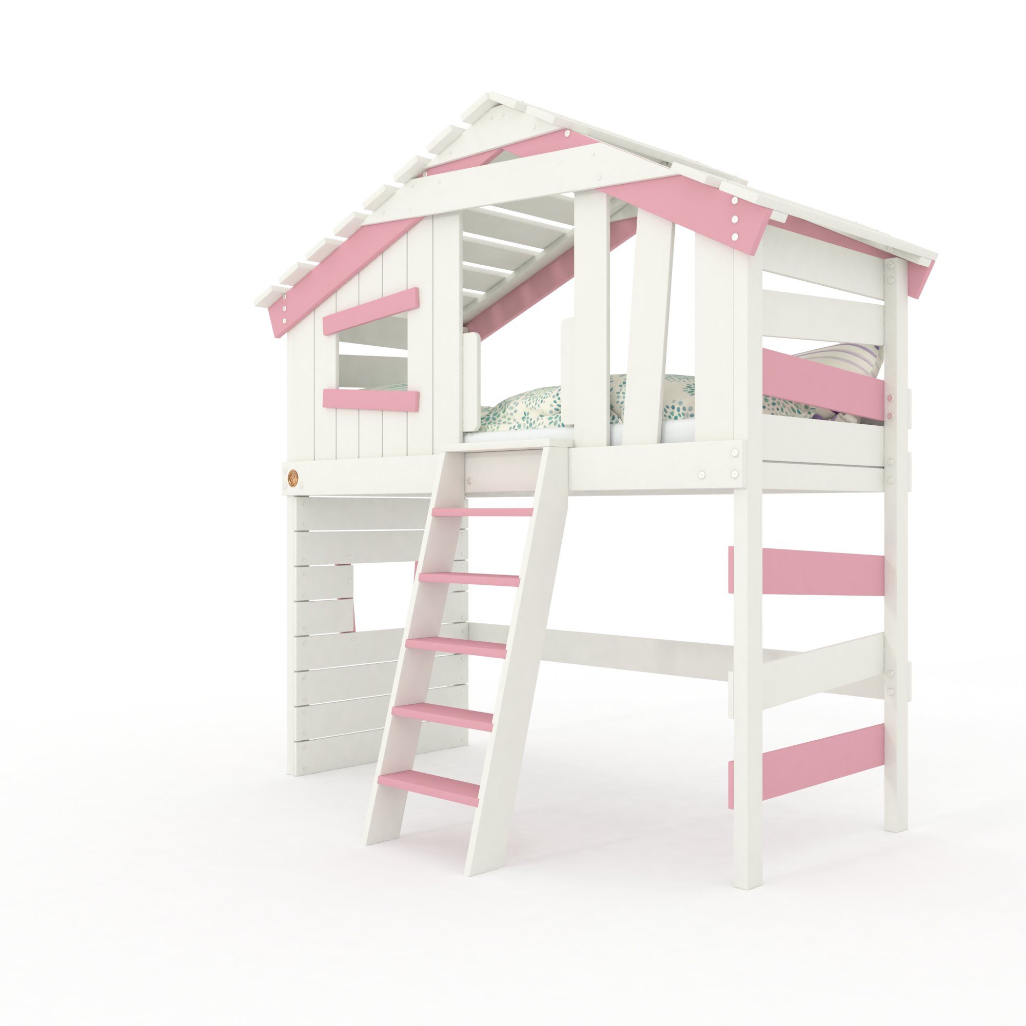 bibex Hochbett ALPIN CHALET Hochbett, Kinderbett, Doppelbett - Rosa/Weiss