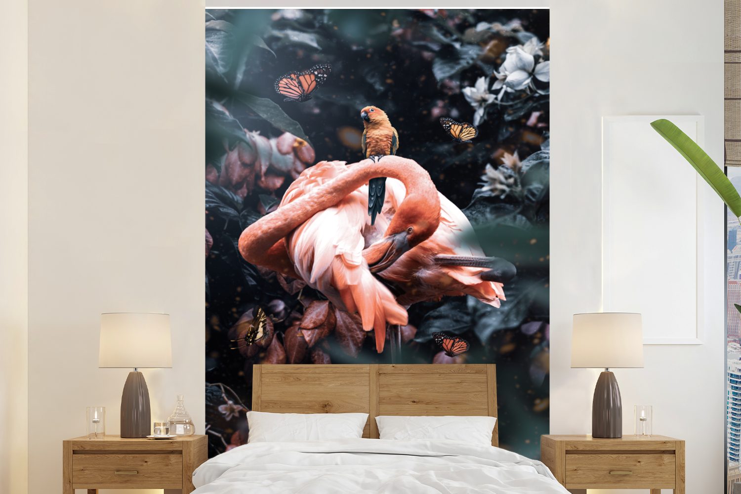 MuchoWow Fototapete Flamingo - Schmetterling - Vogel - Dschungel, Matt, bedruckt, (3 St), Montagefertig Vinyl Tapete für Wohnzimmer, Wandtapete