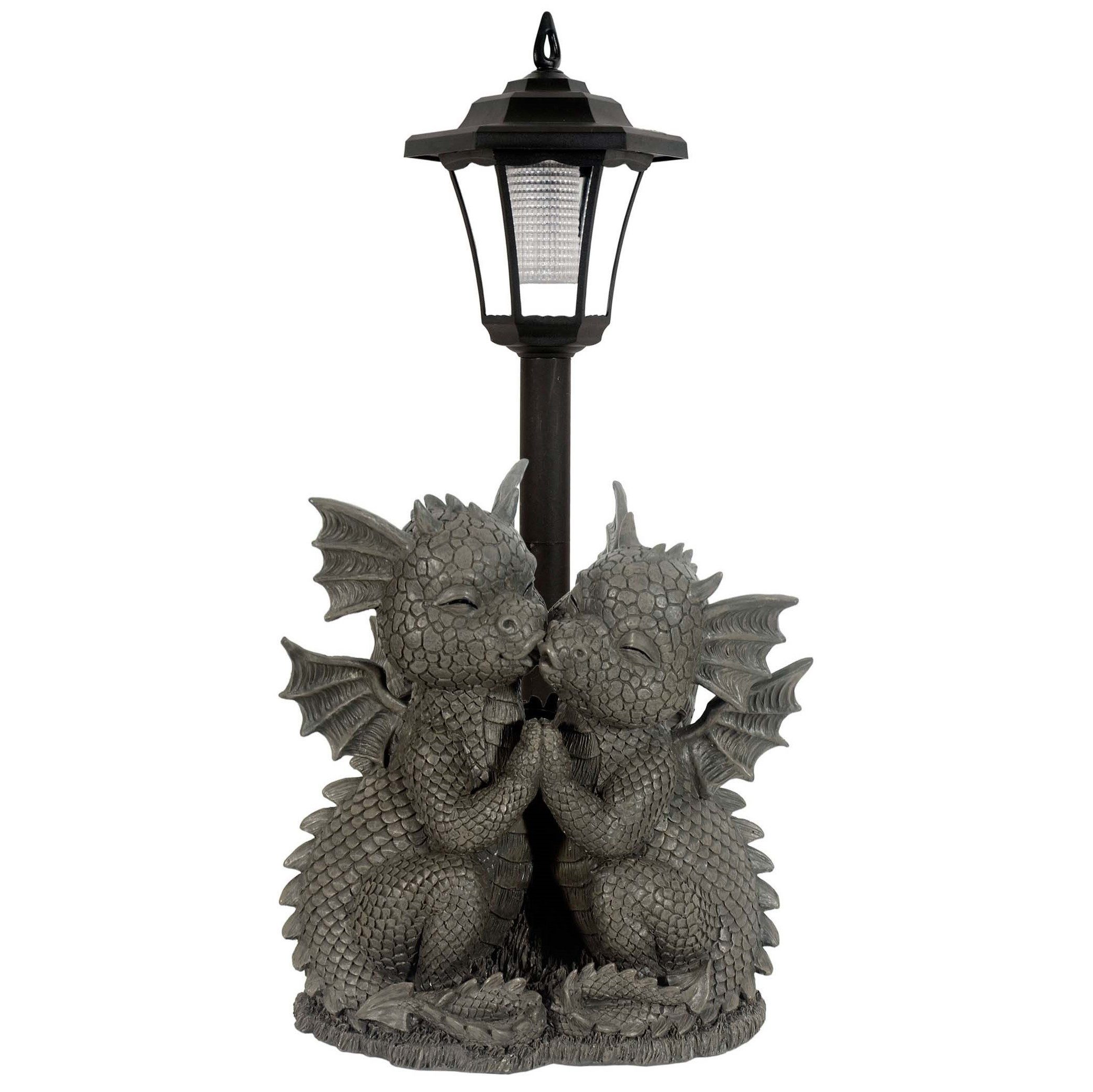 MystiCalls Gartenfigur Gartendrache "Loving Dragons" mit Solarlampe - Gartenfigur Drache, handgearbeitet und handbemalt