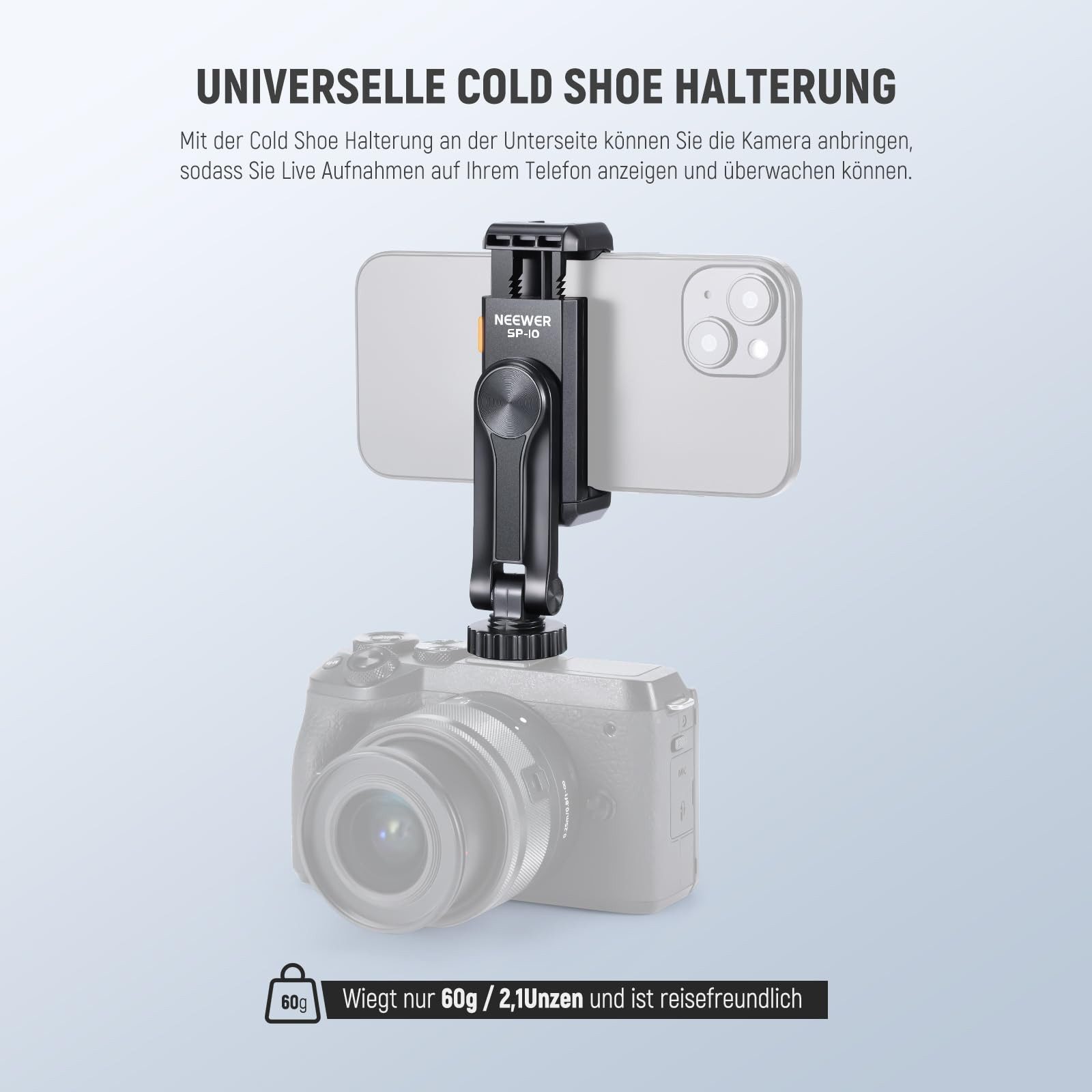Neewer Handy-Halterung SP-10 Handyhalterung mit 1/4" Gewinde & Kaltblitzschuh, (bis 3.54 Zoll, Packung, Einstellbar, Stabil) – Bild 4 von 5
