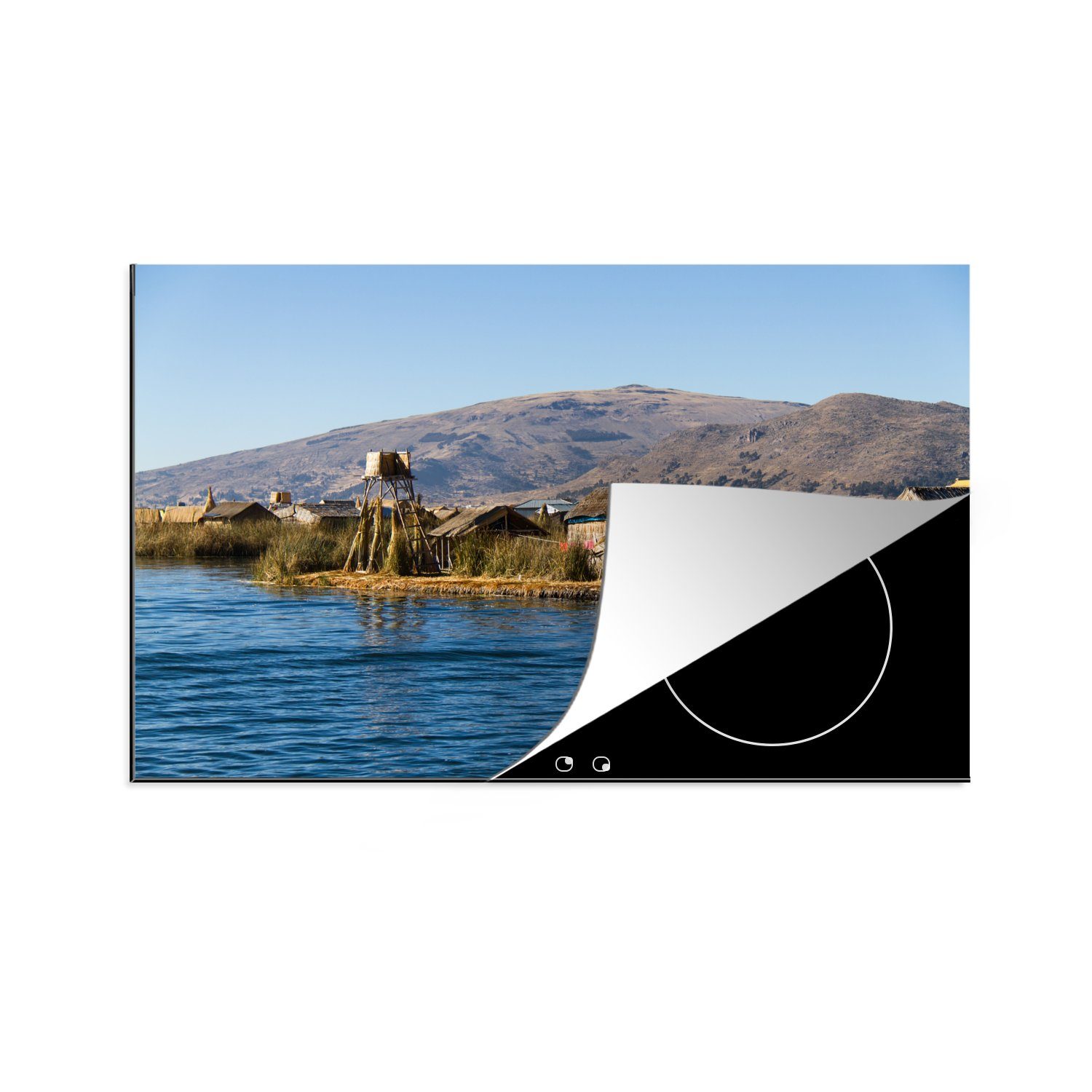 MuchoWow Herdblende-/Abdeckplatte Titikaka-See auf den Urose-Inseln in Peru, Vinyl, (1 tlg), 81x52 cm, Induktionskochfeld Schutz für die küche, Ceranfeldabdeckung
