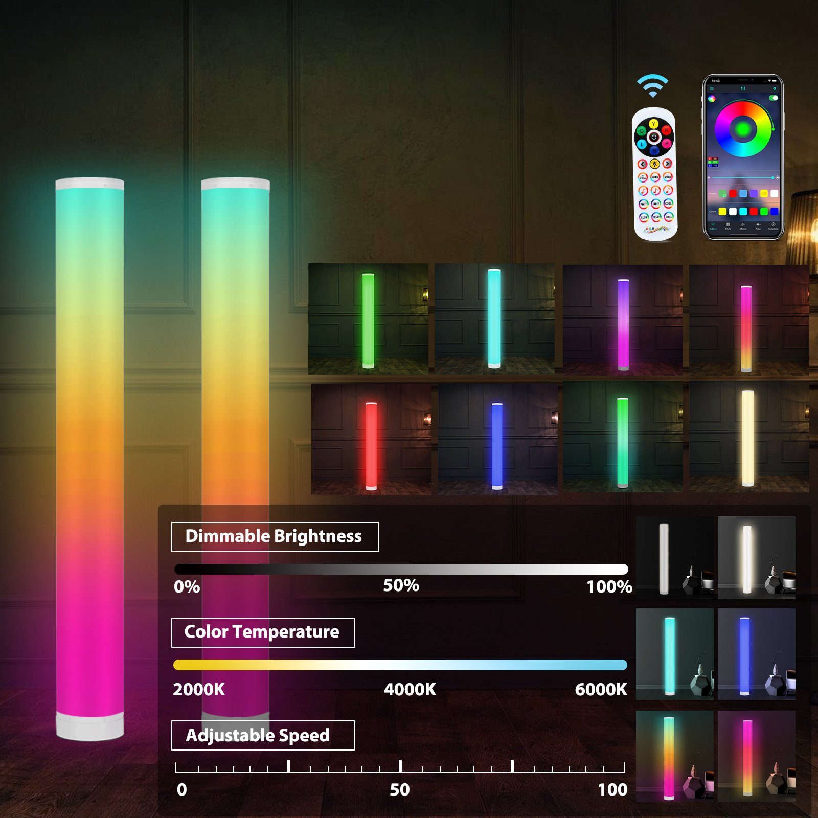 Lospitch LED Stehlampe Eckleuchte RGB Stehleuchte, Dimmar, für Wohnzimmer, 104CM, Bunt, Einstellbare Farbtemperatur