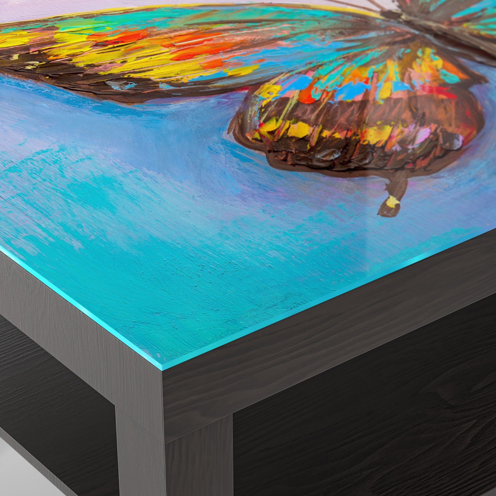 DEQORI Couchtisch 'Bunter Glastisch modern Schwarz Glas Beistelltisch Schmetterling'