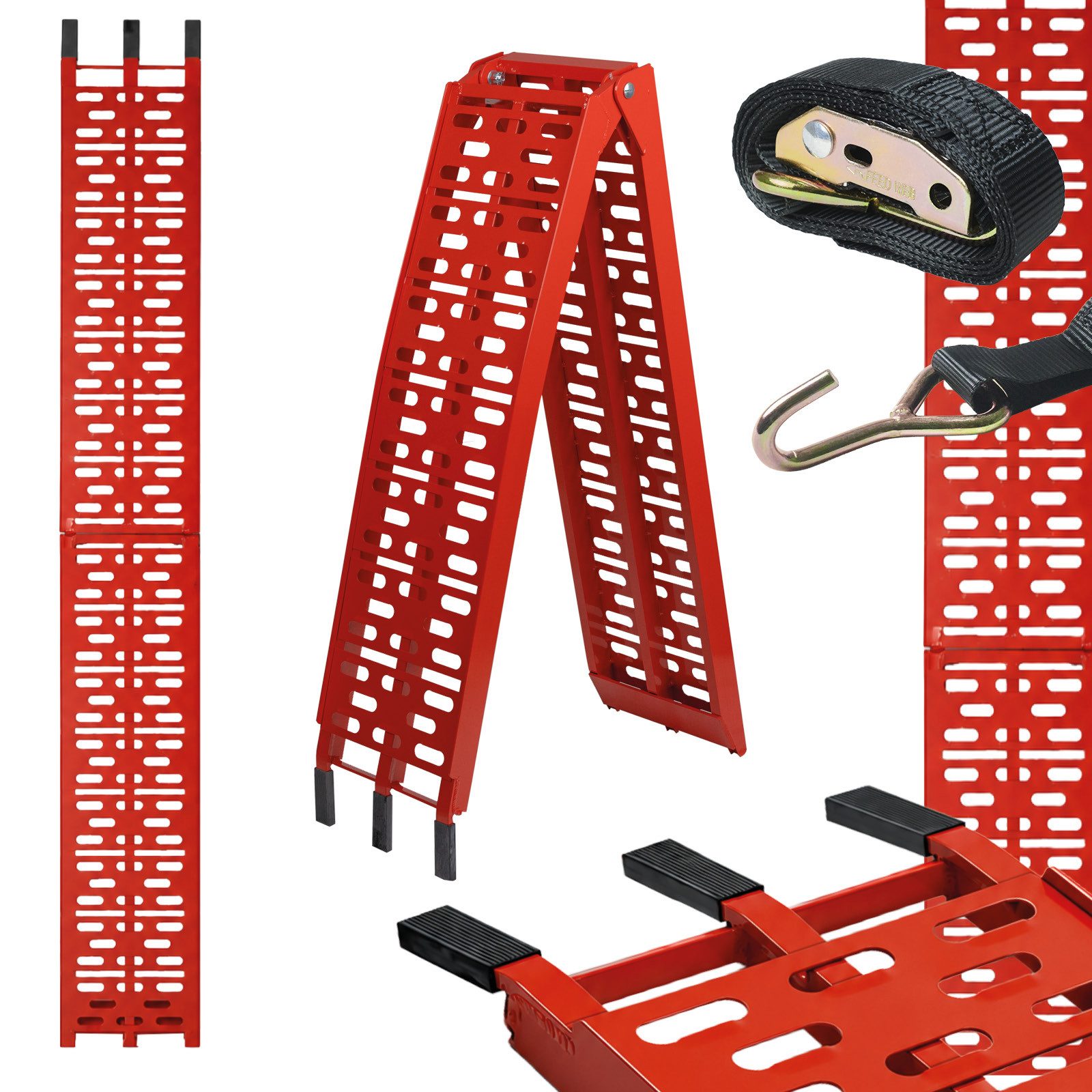 TRUTZHOLM Auffahrrampe klappbar 228 cm Traglast 340 kg Aluminium gelocht Motorradrampe rot (1-St., Inkl. Spanngurt), stabile Konstruktion, hochwertige Verarbeitung, kompakte Bauweise