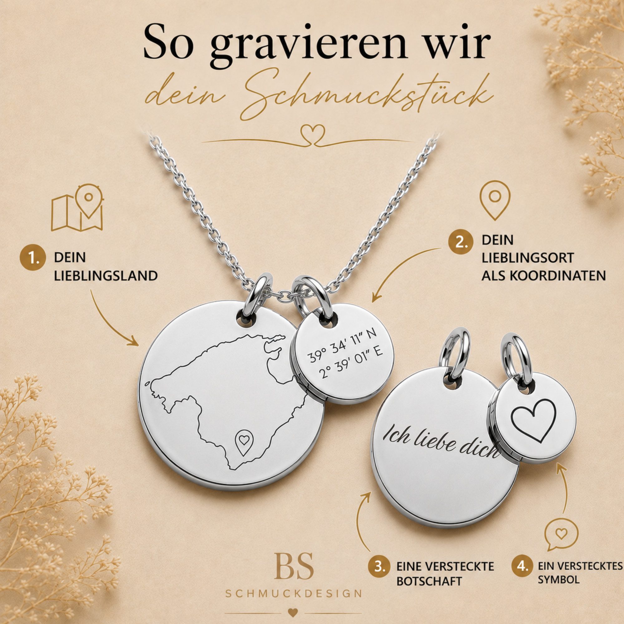 BS Schmuckdesign Kette mit Anhänger mit Gravur Personalisierte Halskette Damen Lieblingsort Gravur Koordinaten Symbol (inkl. Gravur), vollständig personalisierbar inkl. Geschenkbox