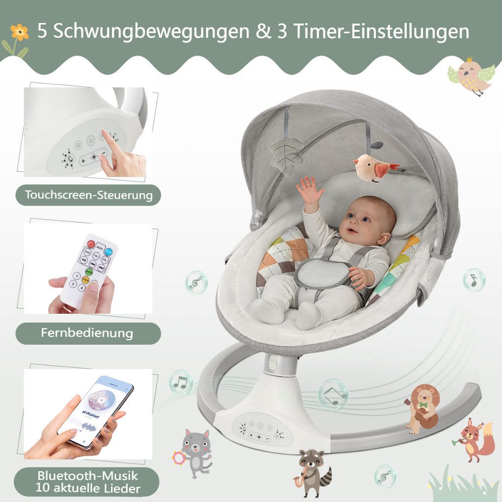 bioby Babyschaukel 2 in 1 elektrisch Babywippe mit abnehmbarem Esstisch, 5 Stufen mit bluetooth Musik, Fernbedienung und Moskitonetz max. 9kg