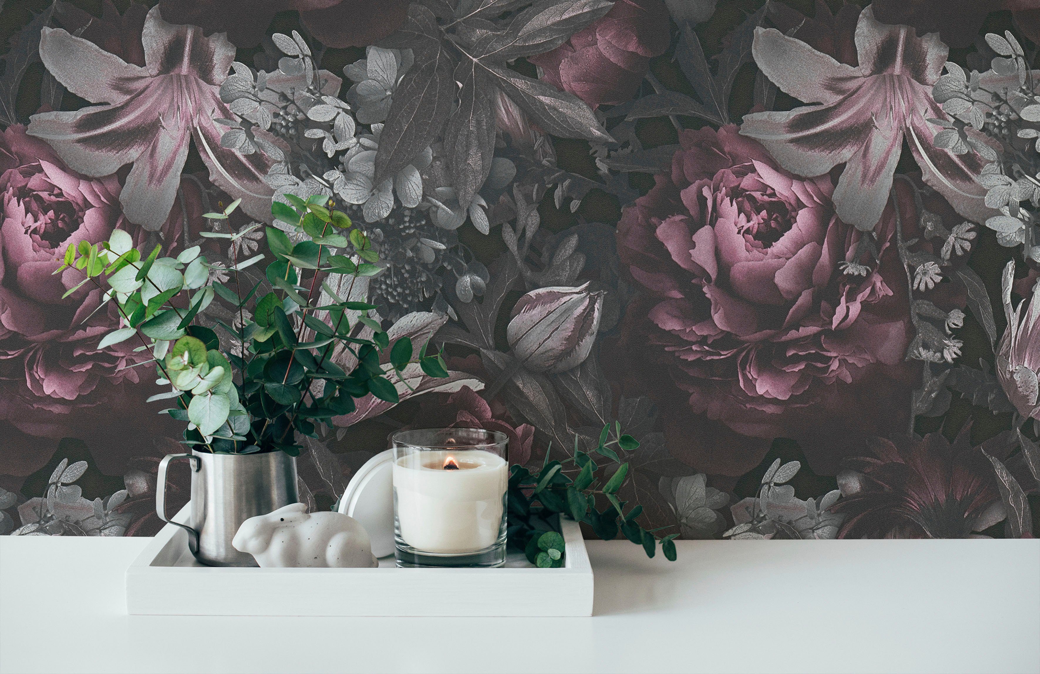 Création Floral, Blumentapete Rosen matt, (1 rosa/grau/schwarz glatt, St), PintWalls A.S. Vliestapete