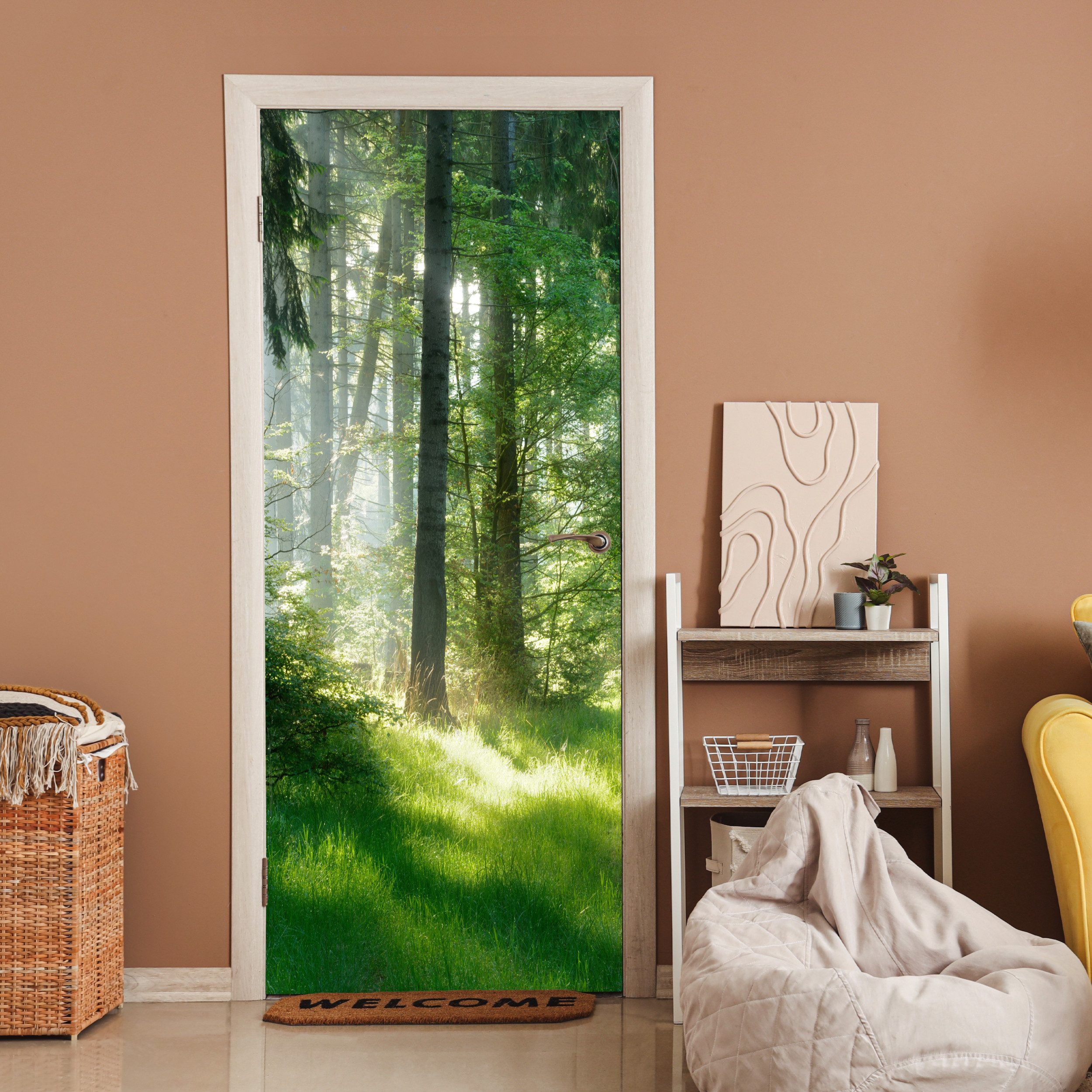 MuchoWow Türtapete Natur - Bäume - Wald - Grün - Sonne - Gras - Pflanzen, Matt, bedruckt, (1 St), Selbstklebende Tapete, Folie für Möbel, 70x215 cm