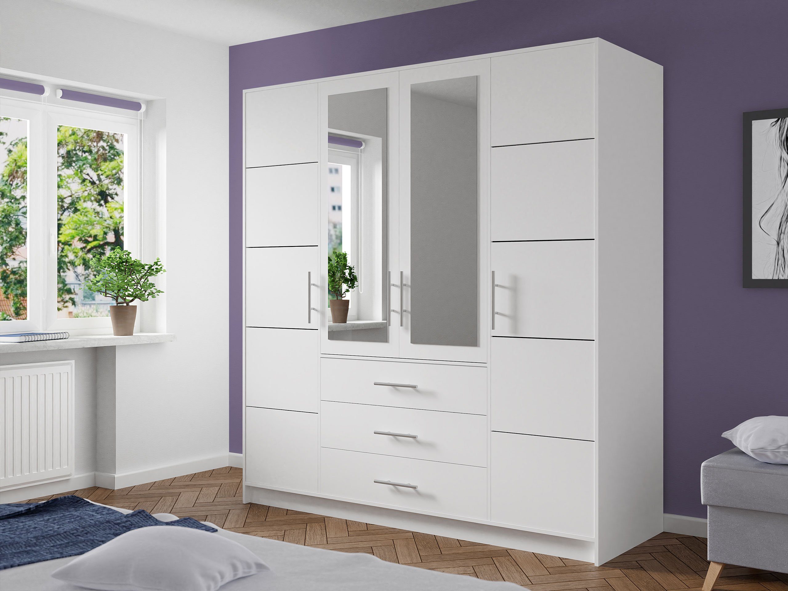 MIRJAN24 Kleiderschrank Bali 4D (mit Drehtüren, Spiegel und Schubladen) Schrankaufsatz als Option