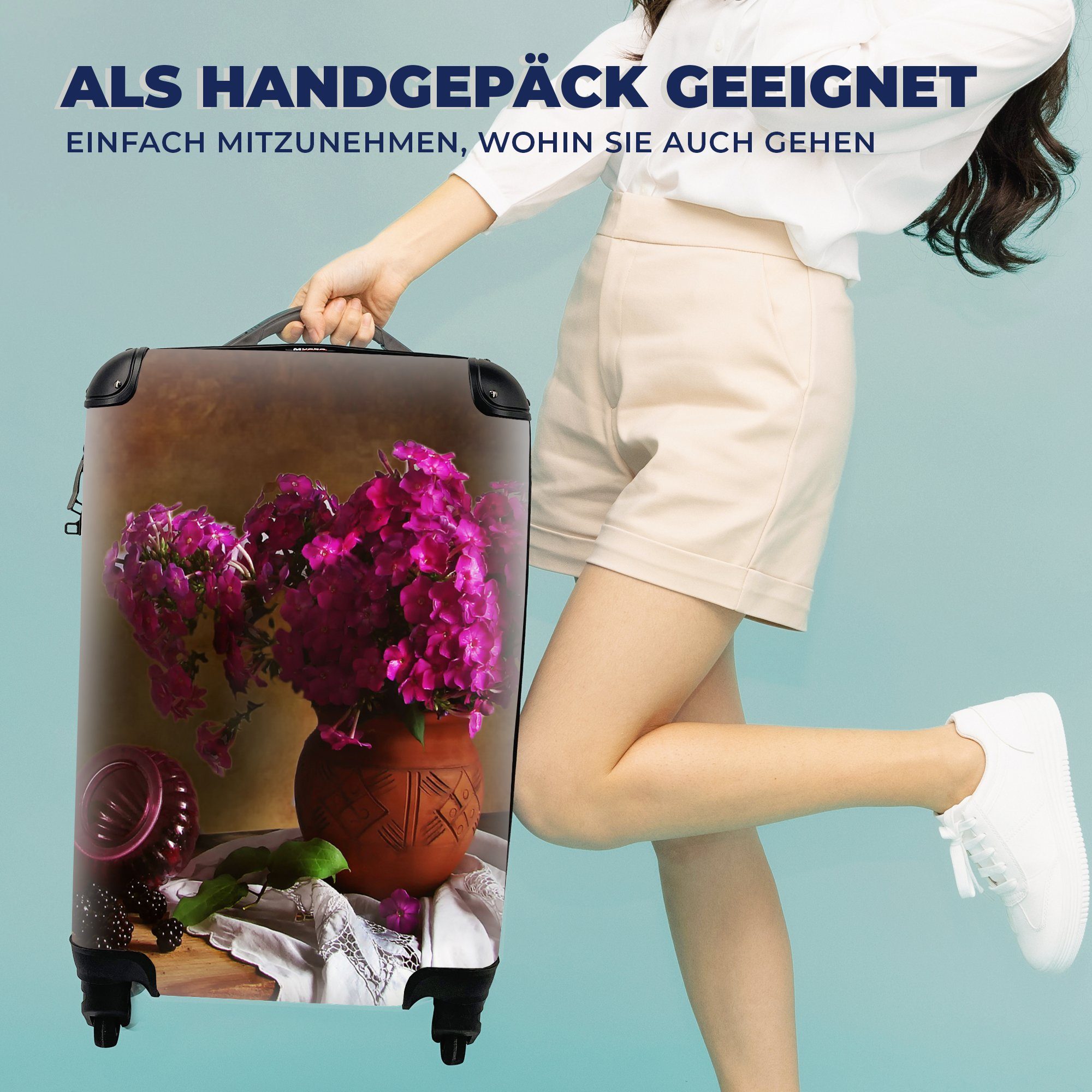 MuchoWow Handgepäckkoffer Rustikal - Blumen Rollen, mit Stilleben, Reisekoffer Reisetasche - Vase Rosa - rollen, - Trolley, 4 Ferien, für Handgepäck