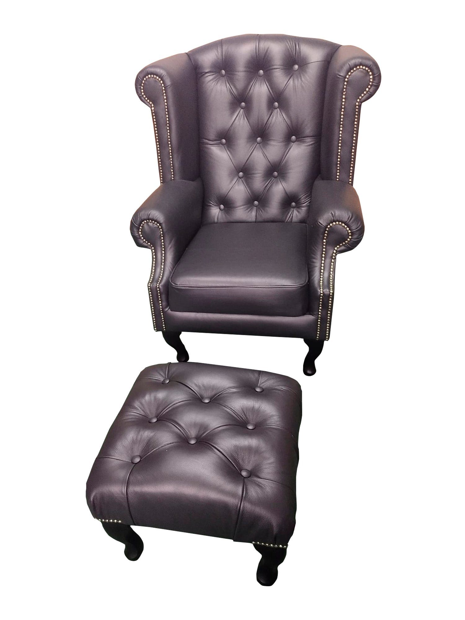 Ohrensessel Chesterfield Leder Sessel und Hocker in Schwarz