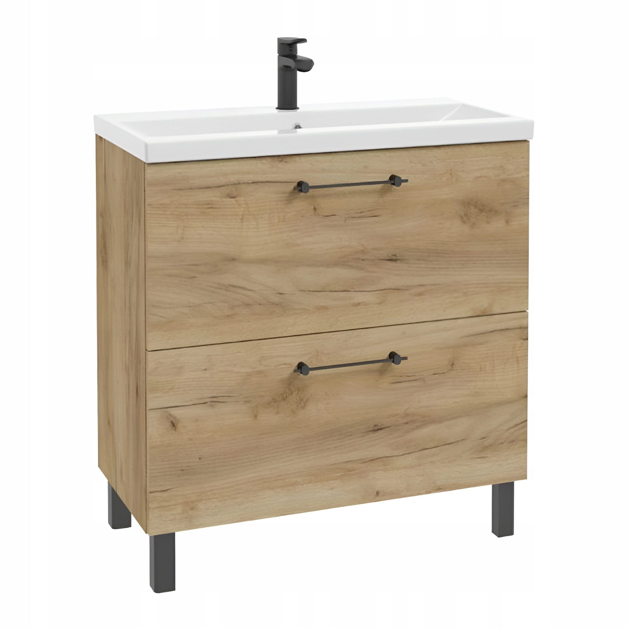 STAMAR Waschbeckenunterschrank Badmöbel Standschrank 80 cm mit Waschbecken Craft Eiche Gold Unterschrank 2 Schubladen Soft-Close stehend Keramik elegant