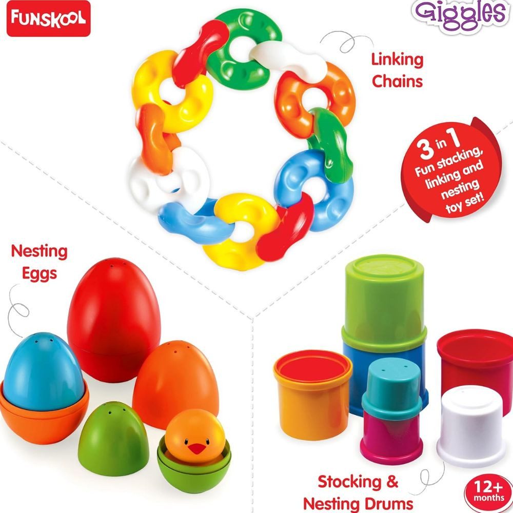 Funskool Stapelspielzeug Link Stack & Nest Spielset – 3-in-1 Stapel- & Steckbausteine, (Stapeln-, Verbinden- & Nistspielzeug-Set), Fördert Motorik, Kreativität & Koordination