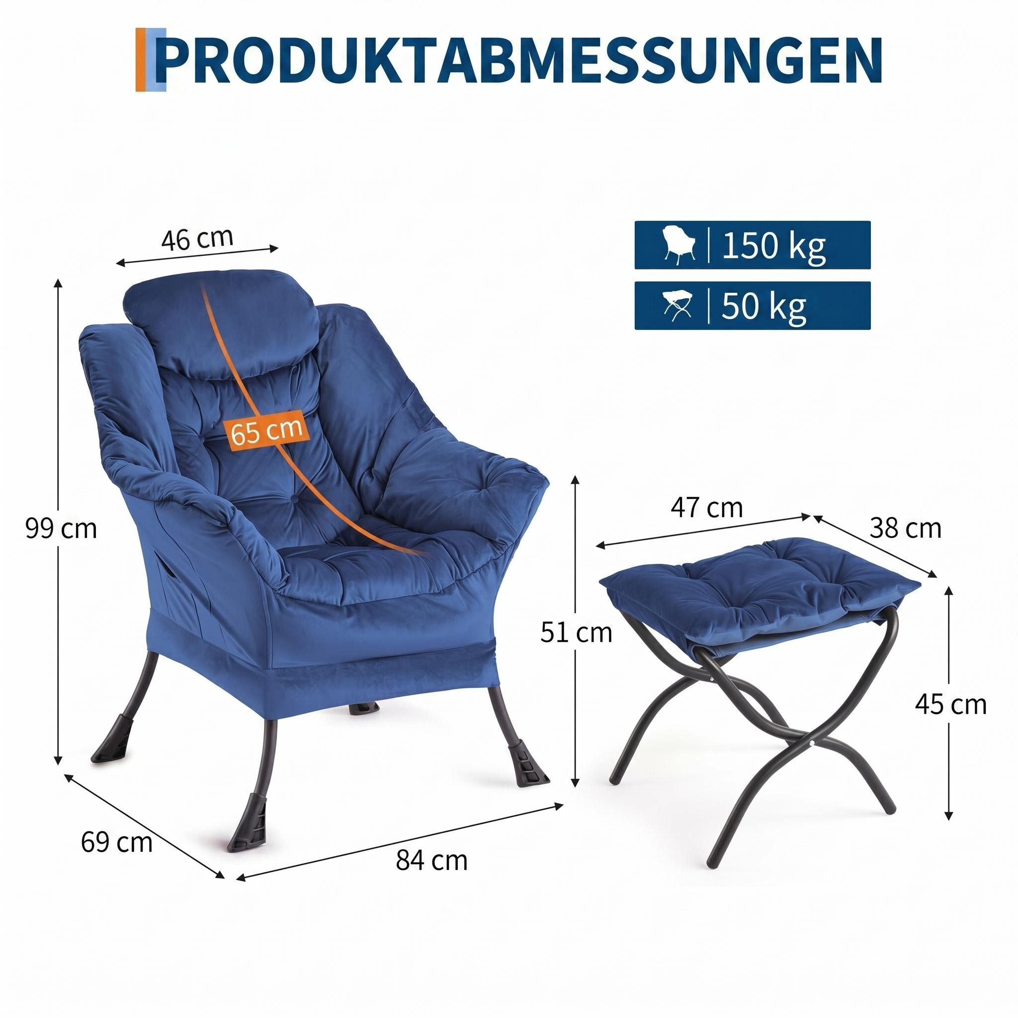 GarveeMore Loungesessel aus Holland-Velours (Dutch Velvet), 84×69×99 cm, 8 Farben (2-St., 2 Relaxsessel mit 2 Hocker)