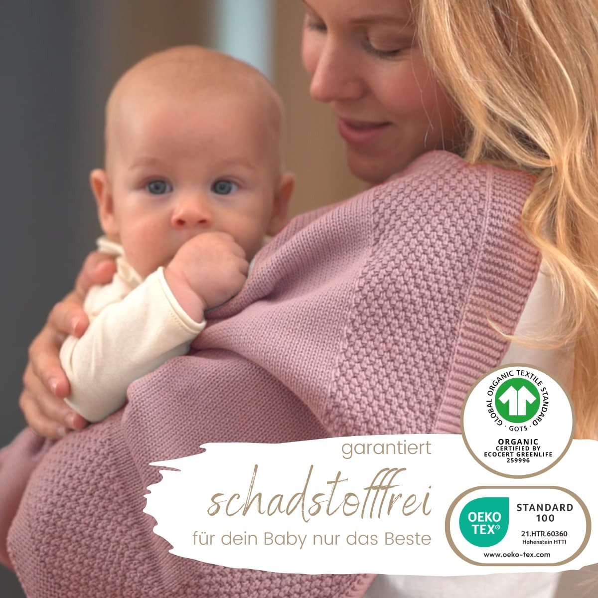 Babydecke DIKOS® Kuscheldecke Bordüre *100%* Bio Baumwolle, Geschenk zur Geburt, DIKOS, Strickdecke 75×100, Baby Erstausstattung Neugeborene, Babygeschenk