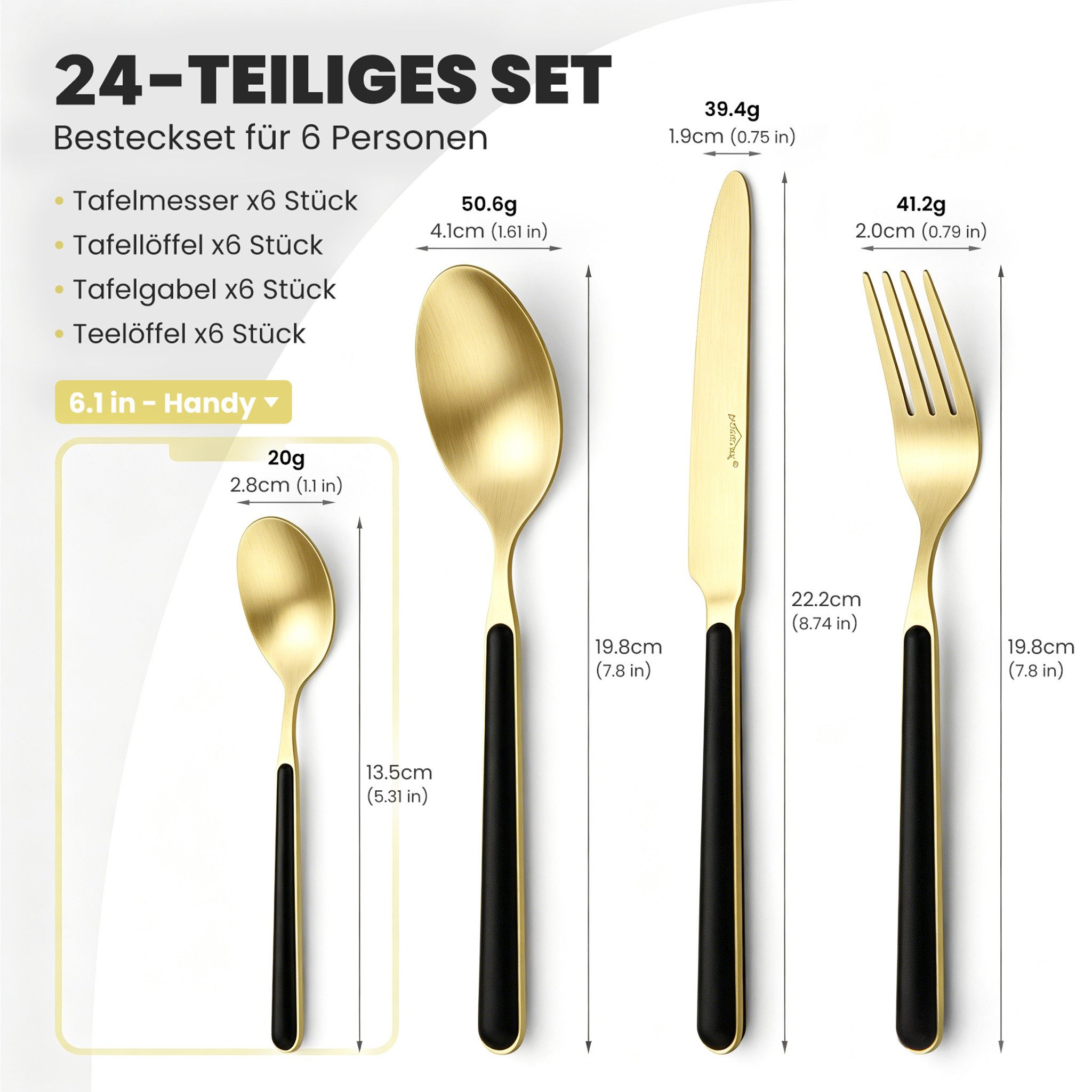 HOMELUX Besteck-Set 24tlg Besteck set,elegante Stilsicherer Optik,ergonomisch,Gold (24-tlg), 6 Personen, Edelstahl, Edelstahl,Titan-Beschichtung,Matt poliert,hochwertiger Besteckkasten